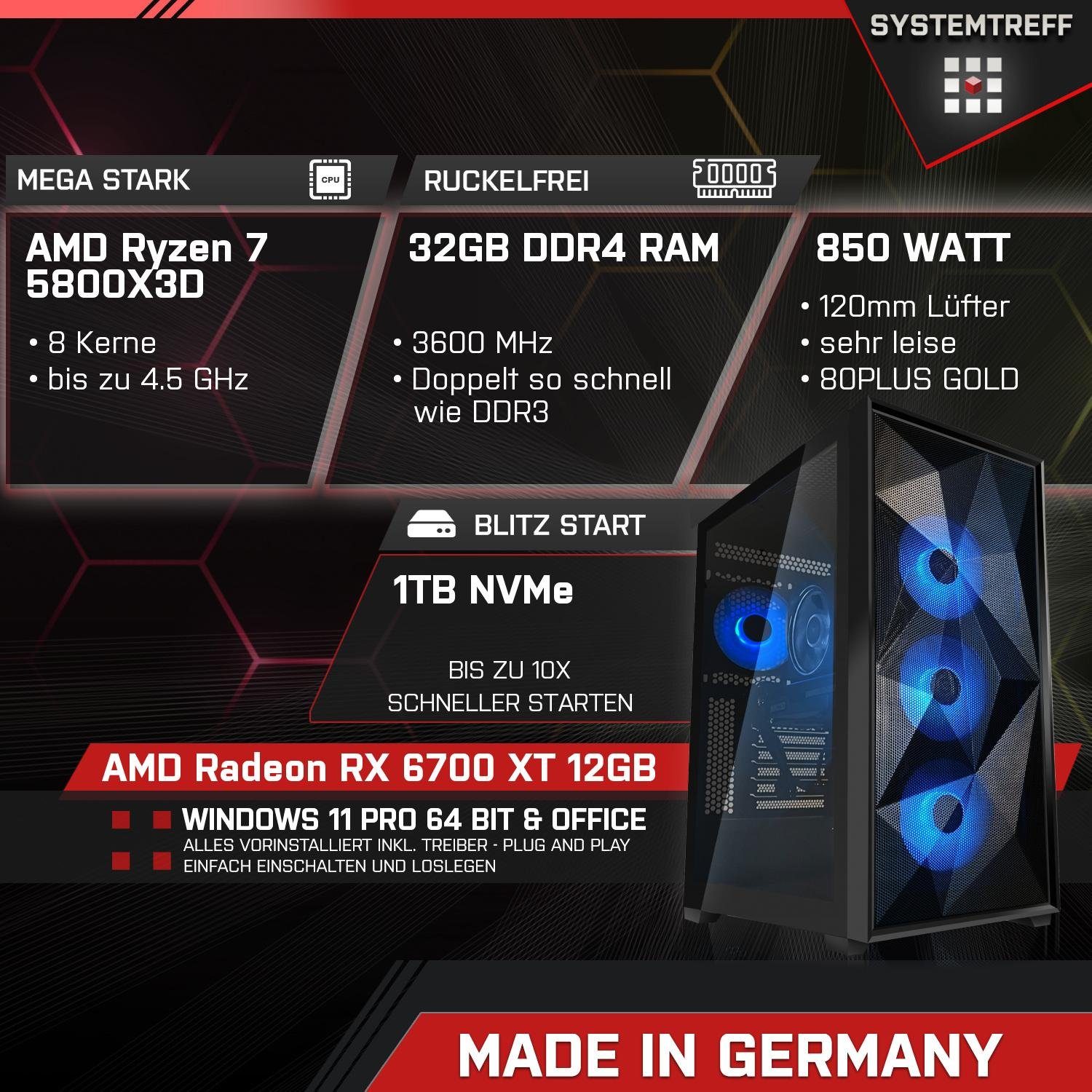 SYSTEMTREFF Gaming-PC (AMD Ryzen 7 5800X3D, Radeon RX 6700 XT, 32 GB RAM,  1000 GB SSD, Luftkühlung, Windows 11, WLAN)