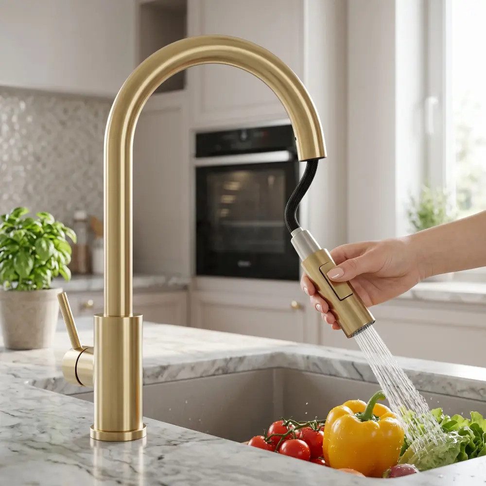 wohnwerk.idee Küchenarmatur Spültischarmatur ausziehbar mit Touch-Funktion Wasserhahn Küche aus robustem Messing, 360° schwenkbar, ausziehbare Brause