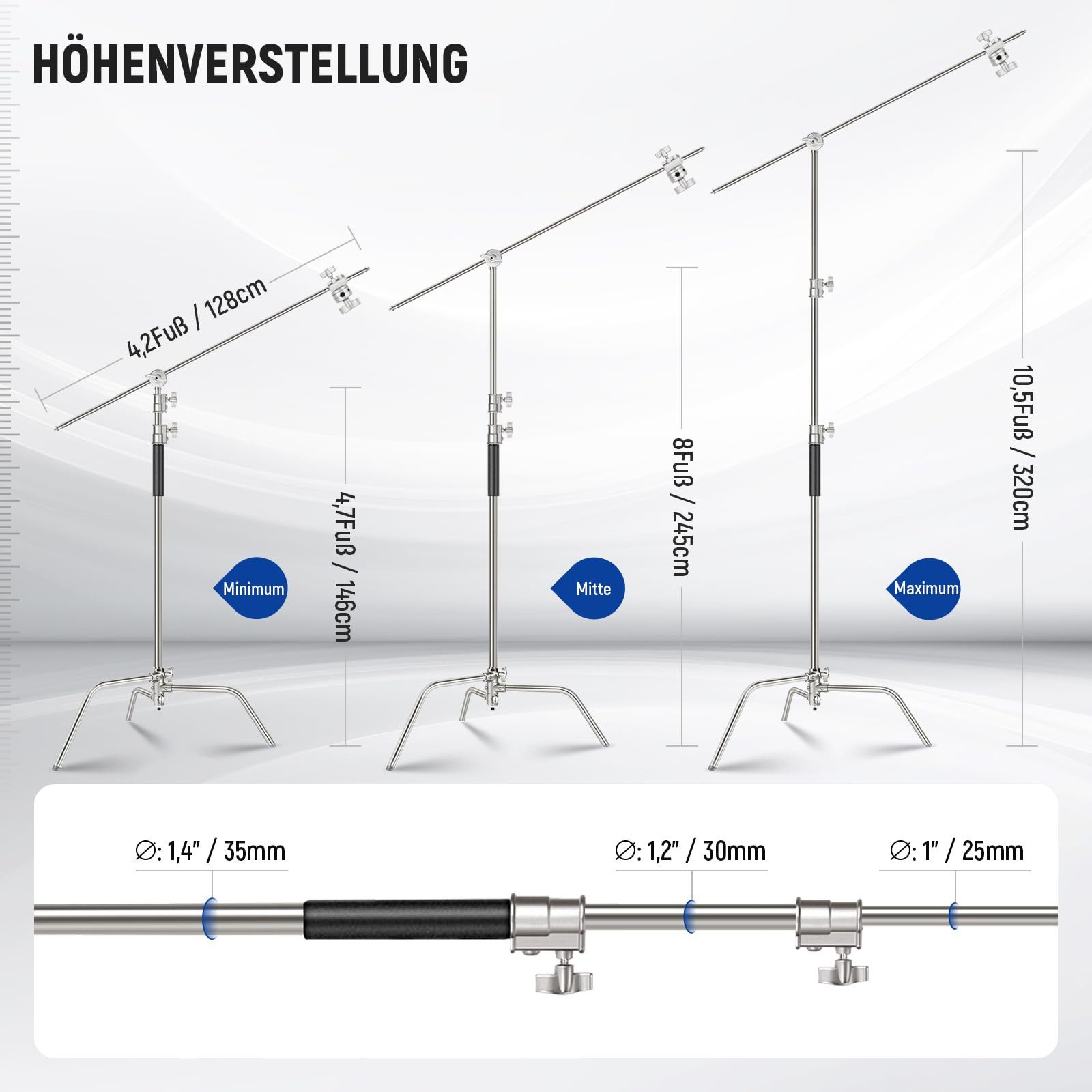Neewer 100% Edelstahl Heavy Duty C Ständer mit Arm, SC320 Lite Lampenstativ (320cm Fotografie Lichtstativ, 128cm Trag Boom Arm, 2 Griff Köpfe) – Bild 2 von 5