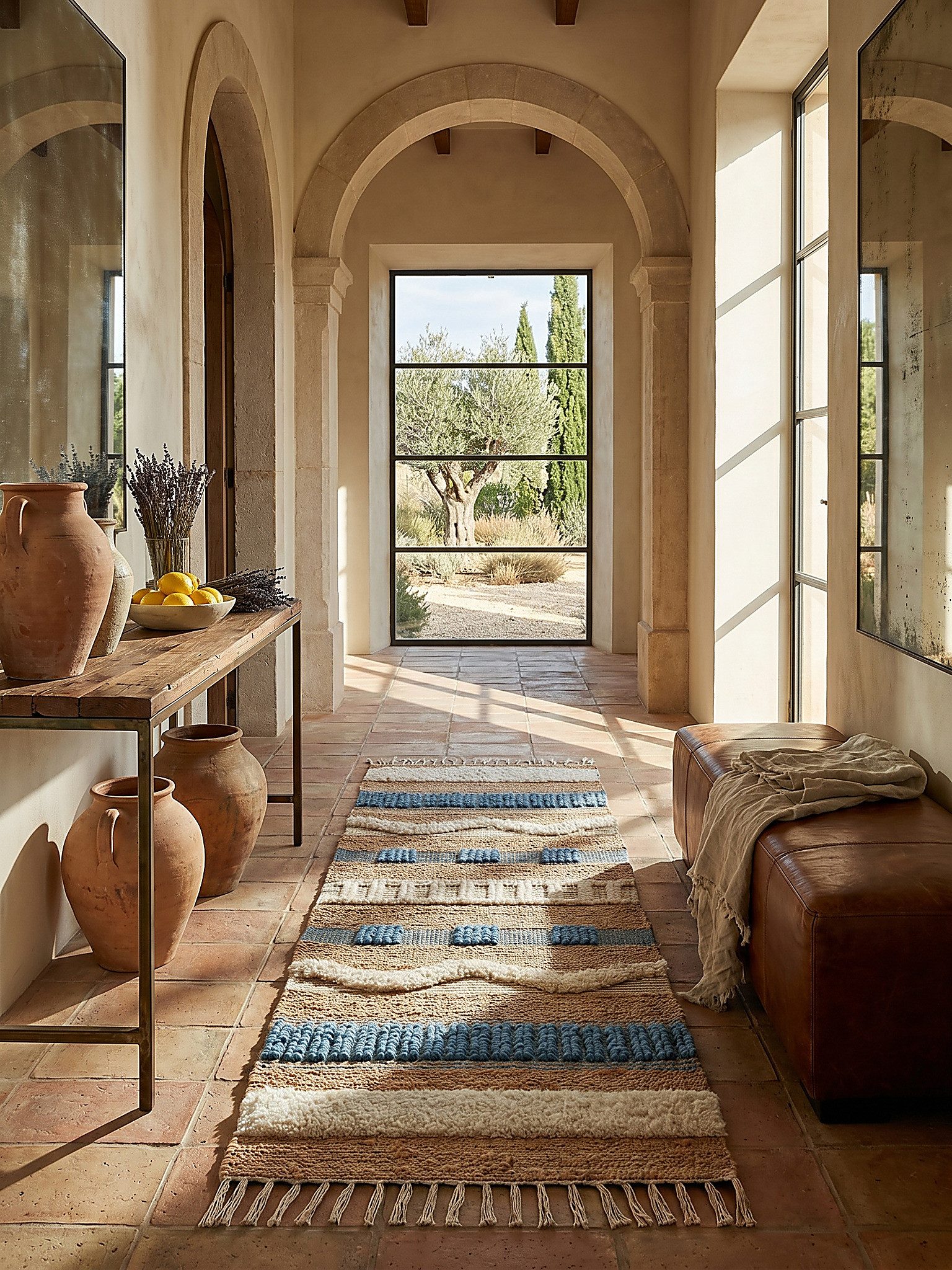 KADIMA DESIGN Wollteppich WHARFE Küchenläufer Diele Flur robust Geometrie 60x230 Natur-Blau, Läufer, Höhe: 29 mm, 52% Jute, 24 mm Naturfaser-Gewebe, geometrisch, handgewebt, natürlich
