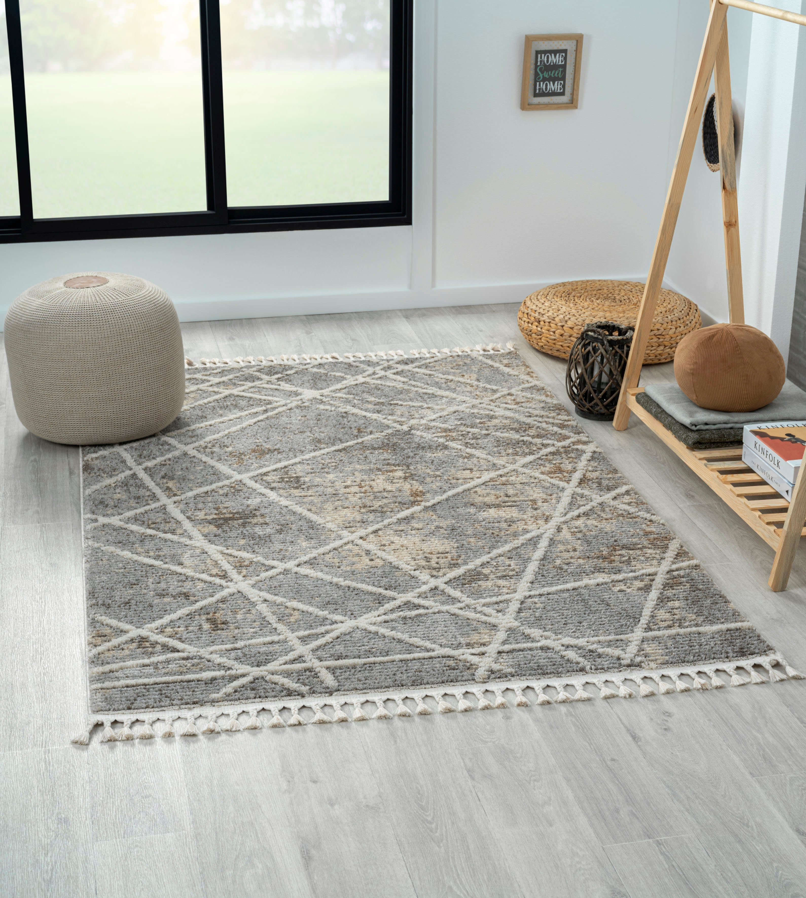 Myflair Möbel & Accessoires Teppich Nelia, LAGERRÄUMUNG, rechteckig, Höhe: 15 mm, Kurzflor, mit Hoch-Tief Effekt, Microfaser, mit Fransen