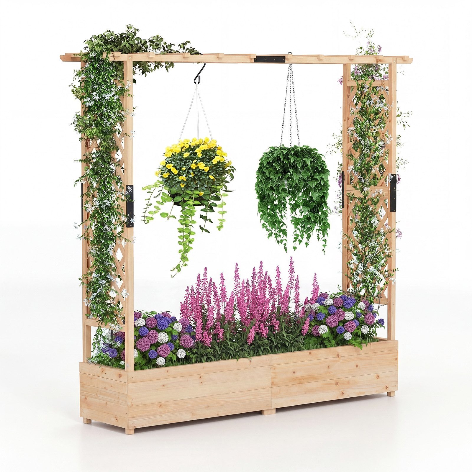 COSTWAY Blumenkasten (1 St), Hochbeet mit Rankgitter, für Kletterpflanzen, 196 x 44 x 182 cm
