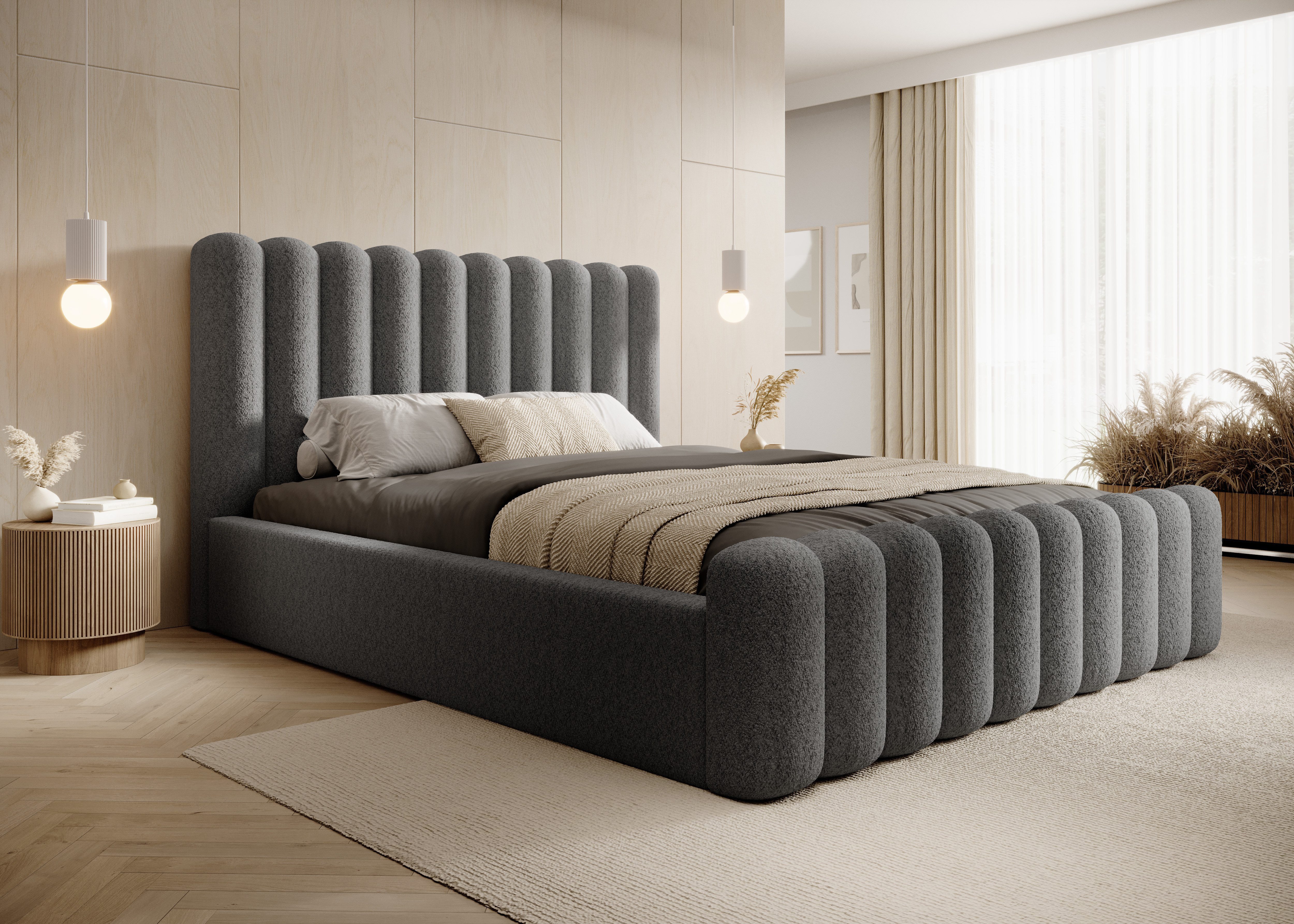 Goldstoff Polsterbett JENNY - Hydraulisches Stauraumbett - Designerbett - Wolkenbett (Doppelbett mit Bettkasten und Lattenrost, Bett verfügbar in 4 Größen: 140x200 160x200 180x200 200x200cm), mit gepolstertem Kopfteil