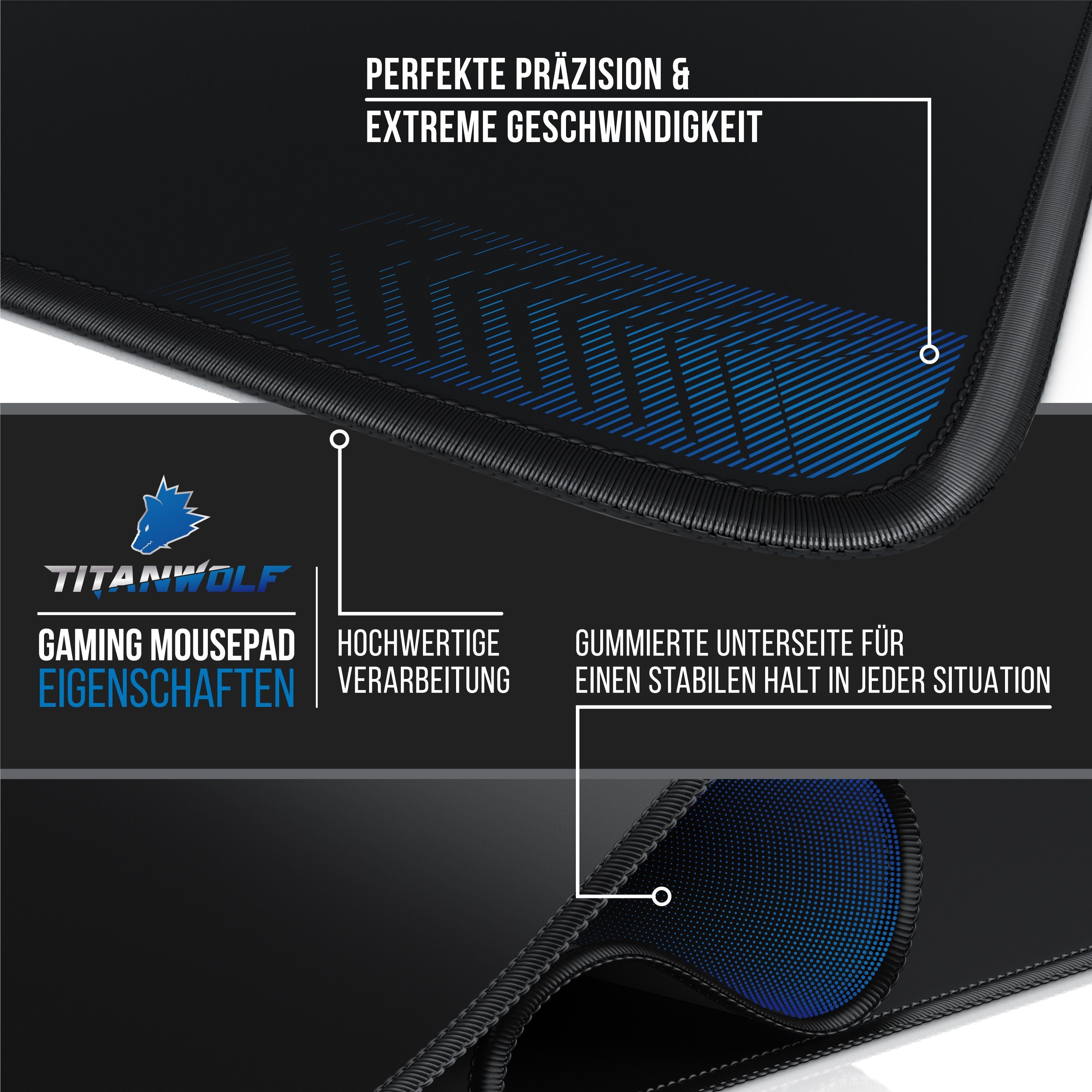 Titanwolf Gaming Mauspad XXL Speed Mousepad 900 x 400 x 3 mm, große Tischunterlage (1-St), rutschfest, abwaschbar, Geschwindigkeit & Präzision, schwarz – Bild 2 von 5
