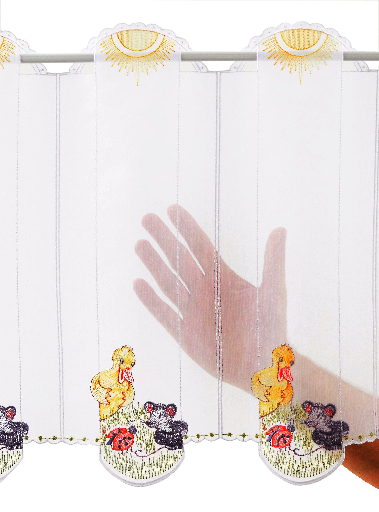 Gardinen Kranzusch Scheibengardine Ente Maus Maikäfer (1 St), Stangendurchzug, transparent, Stablöcher,transparent