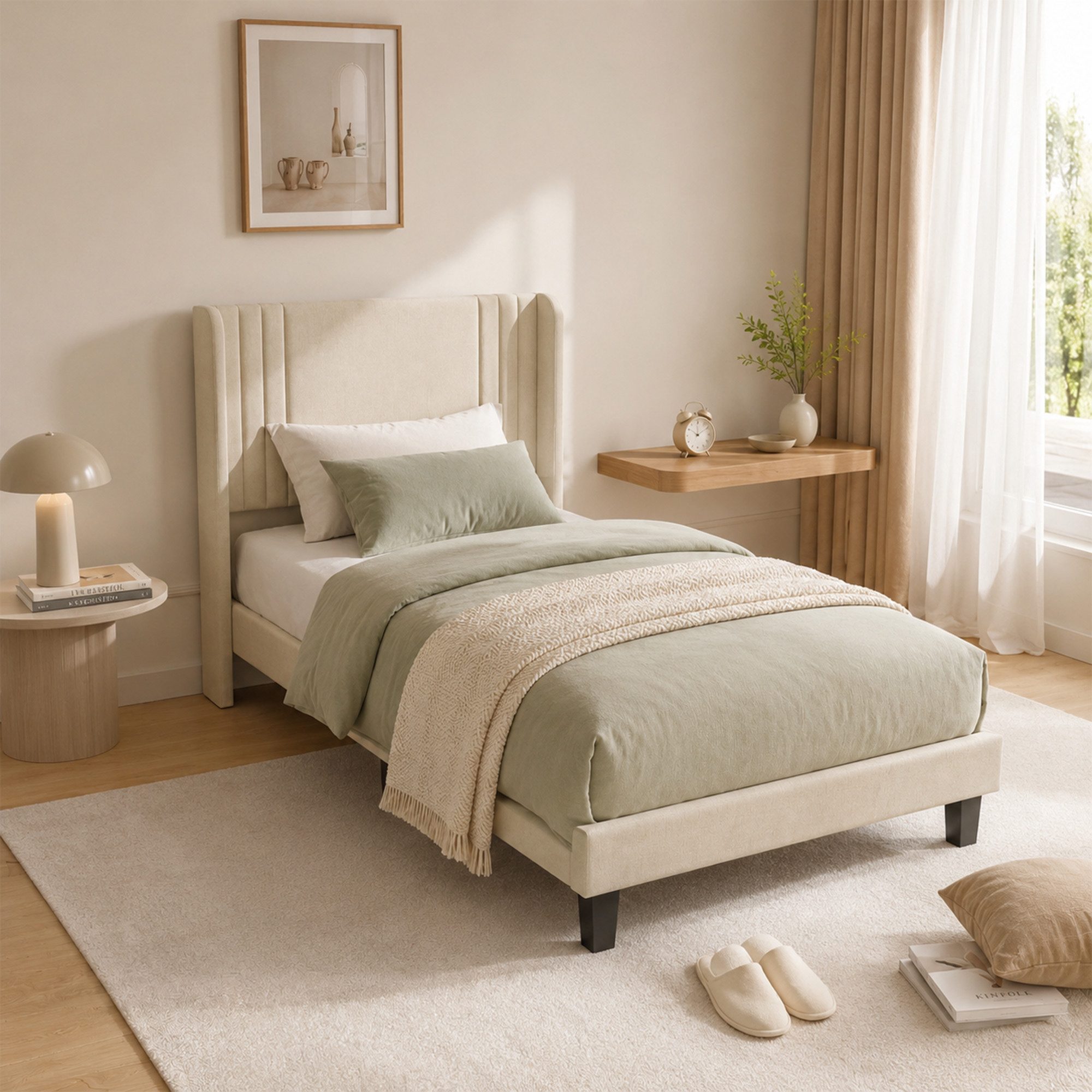 Simurq Einzelbett Polsterbett 90x200 mit Leinenbezug, Einzelbett mit Lattenrost (Gästebett, Lattenrost und 15 cm Bodenfreiheit), Jugendbett Beige oder Grau