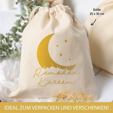 TOBJA Aufbewahrungstasche Ramadan Kareem Geschenksäckchen 25x30cm, 3 Eid Mubarak Baumwolltüten Gold, Ramadan Geschenke