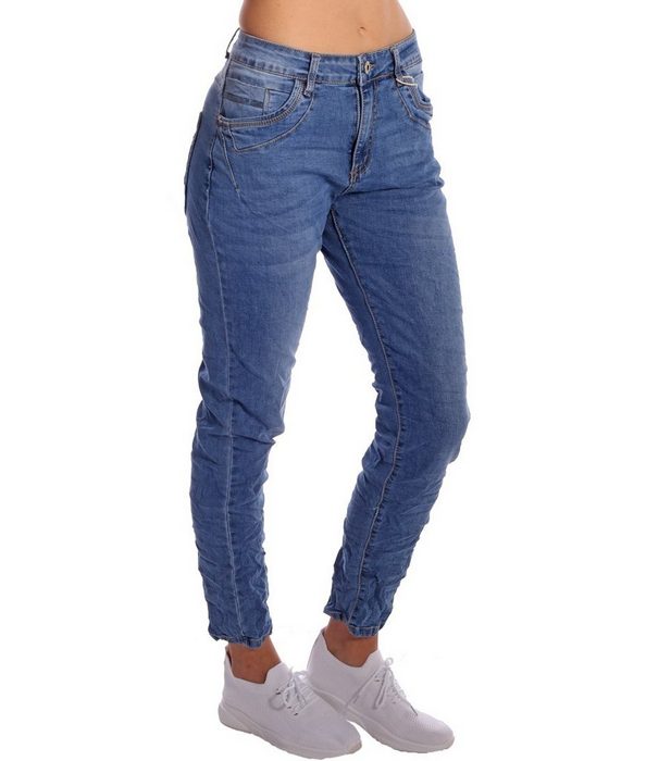 Charis Moda Bootcut-Jeans "Pailletta" Baggy Jeans One Button Style Paillettenverzierung an der Tasche