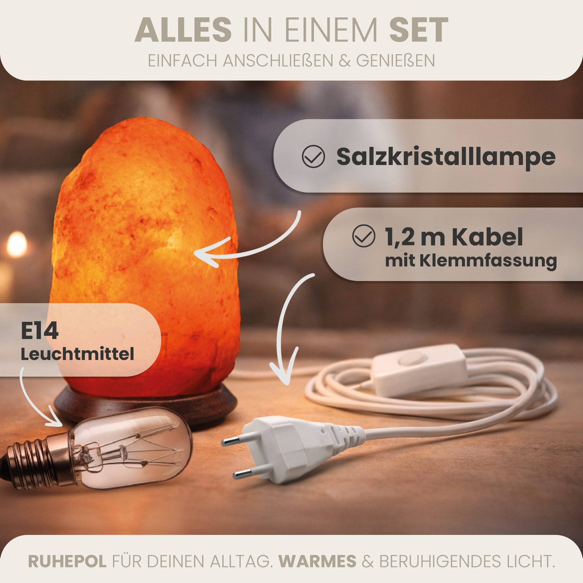 HAF Salzkristall-Tischlampe Rosa Salzlampe Naturform in 3 Größen Salzkristalllampe Fassung + Birne, Leuchtmittel wechselbar, Warmweiß/Rosa, Handgefertigt - jeder Stein ein Unikat