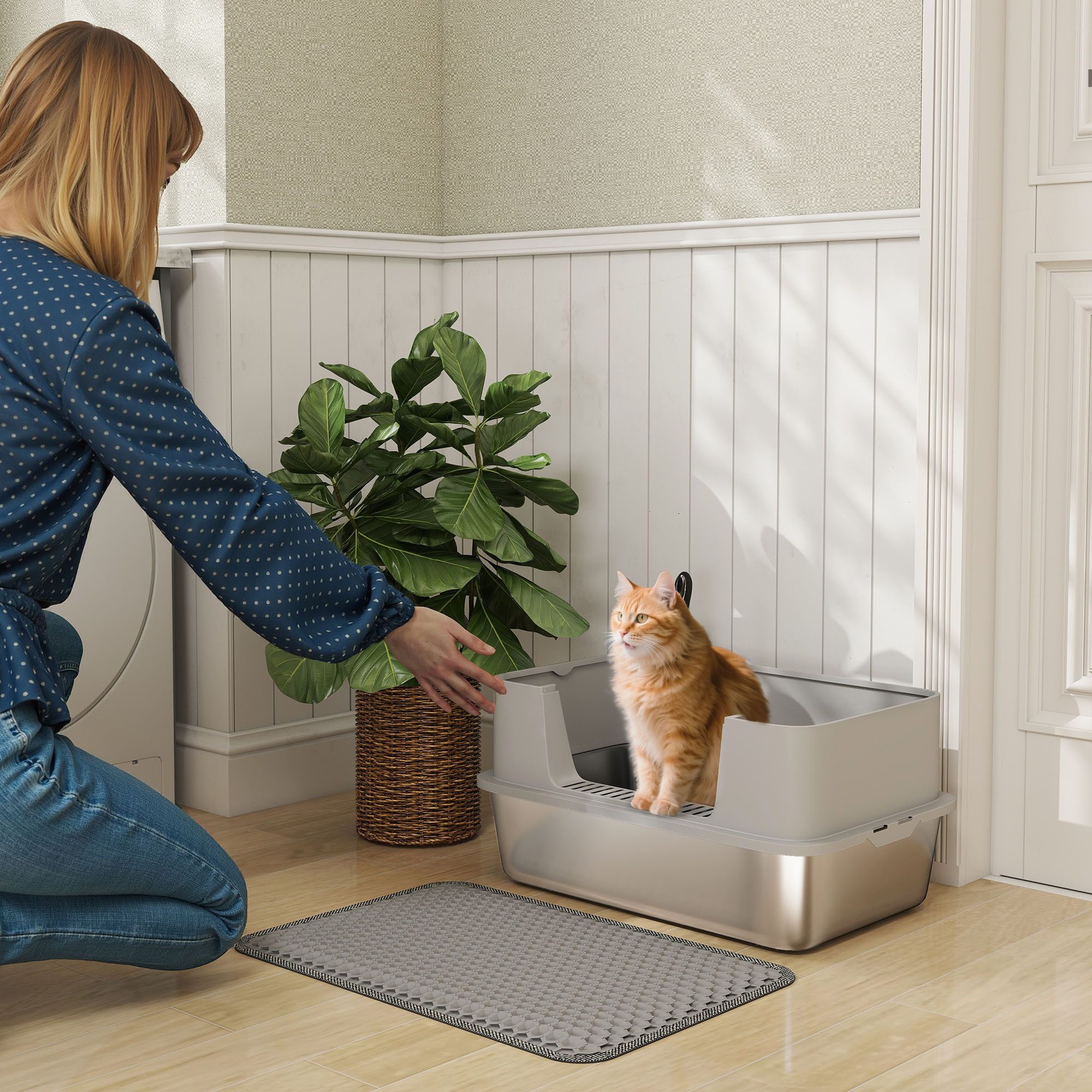 PawHut Katzentoilette Edelstahl Offene Katzenklo mit Schaufel hohem Rand Matte, für große Katzen bis 7 kg 60,2 x 40,2 x 29,5 cm, Grau