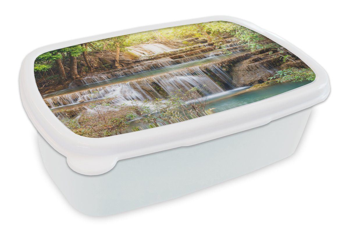 MuchoWow Lunchbox Sonne - Wasserfall - Landschaft, Kunststoff, (2-tlg), Brotbox für Kinder und Erwachsene, Brotdose, für Jungs und Mädchen weiß