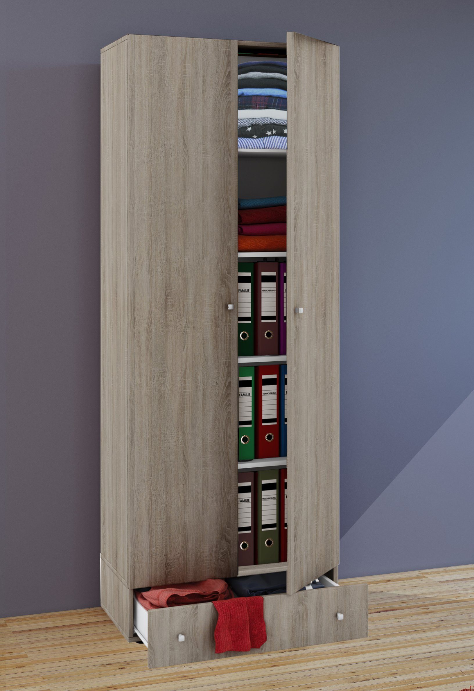 VCM Kleiderschrank Schlafzimmerschrank Vandol B. 70 x H. 196 x T. 40 Holz Kleiderschrank, 5 Fächer mit Schublade, 2 Drehtüren