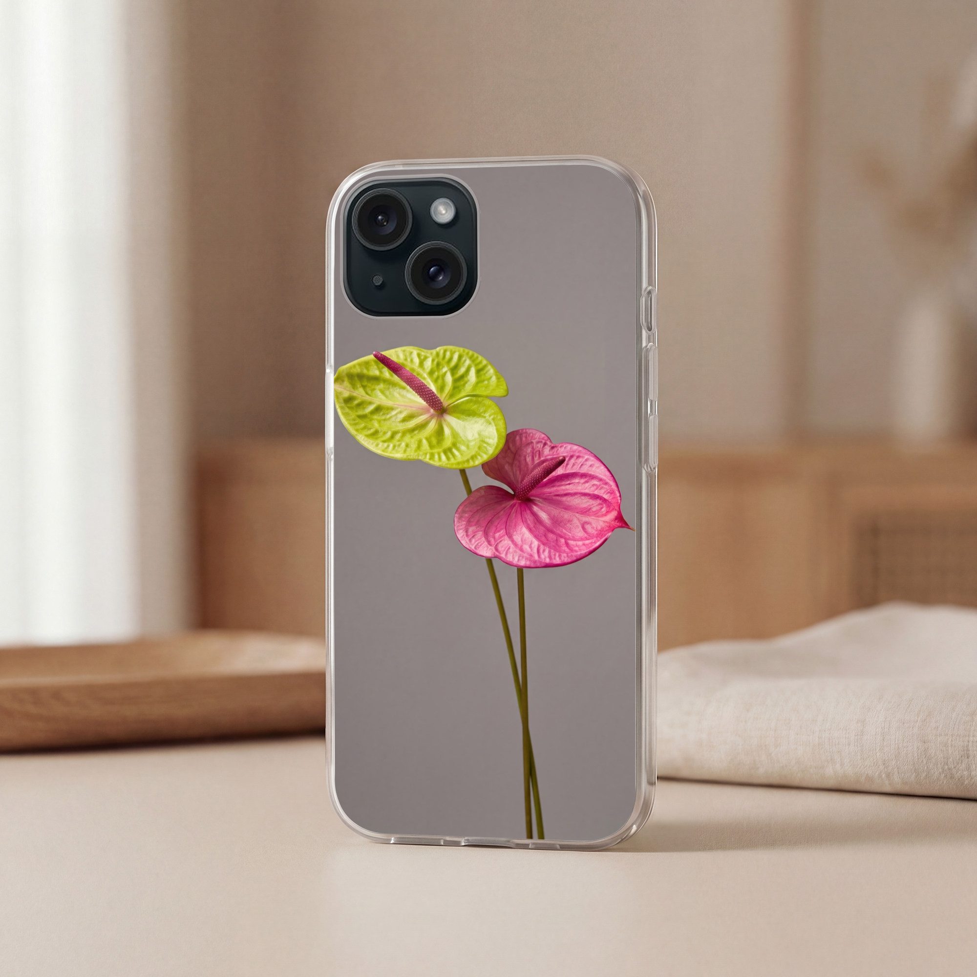 MuchoWow Handyhülle für Apple iPhone 15 Pflanzen - Anthurium - Grün - Rosa, Smartphone-Bumper, Print, Handy Schutzhülle Dünn