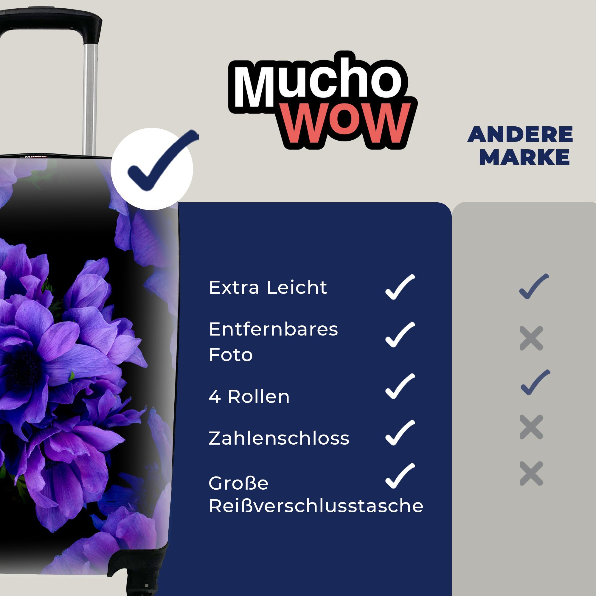 MuchoWow Handgepäckkoffer Muster - Blumen Ferien, - Handgepäck Trolley, für rollen, Reisekoffer 4 Rollen, Lila, mit Reisetasche