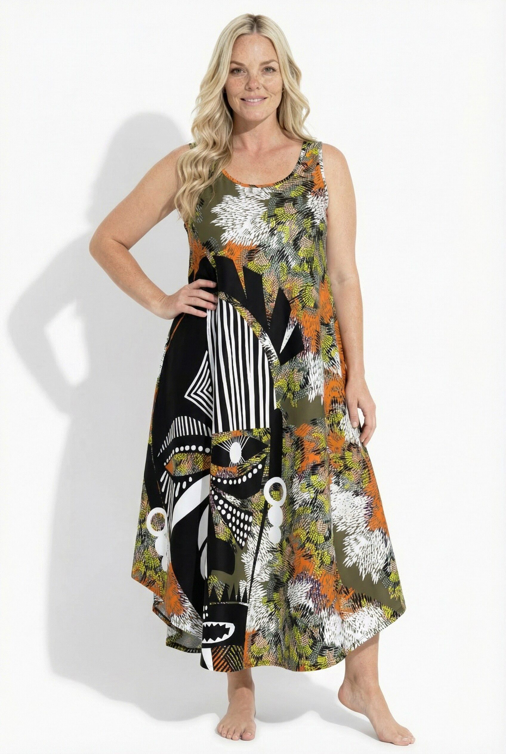 Ulla Popken Maxikleid Midikleid Maske A-Linie Rundhals ärmellos günstig online kaufen