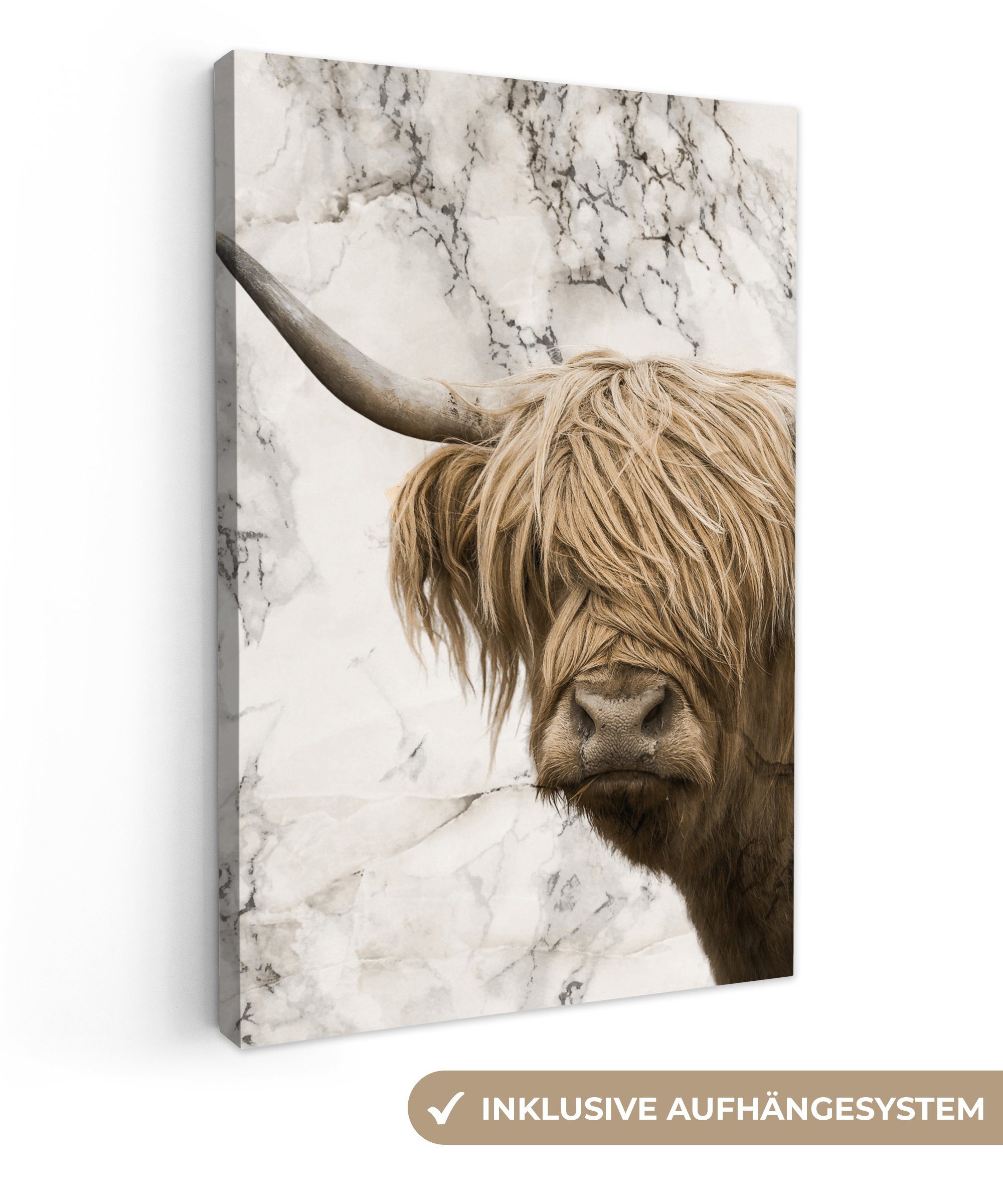 OneMillionCanvasses® Leinwandbild Schottischer Highlander - Kuh - Marmor, (1 St), Leinwandbild fertig bespannt inkl. Zackenaufhänger, Gemälde, 20x30 cm