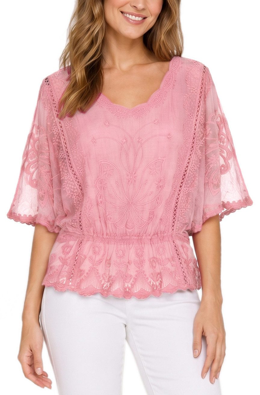 dy_mode Spitzenbluse Damen Sommerbluse mit Spitze Kurzarm Oberteil Einfarbig Transparent in Unifarbe, transparenten Ärmel