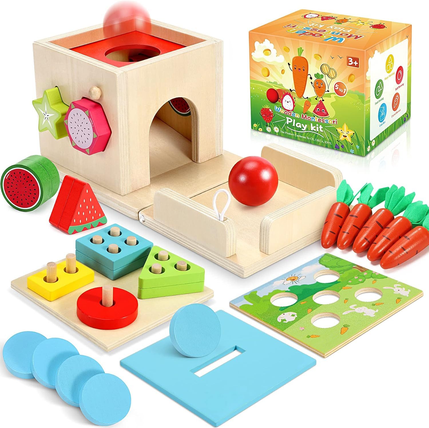LENBEST Lernspielzeug Montessori Spielzeug ab 1 Jahr, 5-In-1 Montessori-Münzbox, (Ball Drop, Karottenernte Sortierspiel Stapelspielzeug), Motorikspielzeug Geschenk für Kinder ab 2 3 4 Jahre Jungen Mädchen