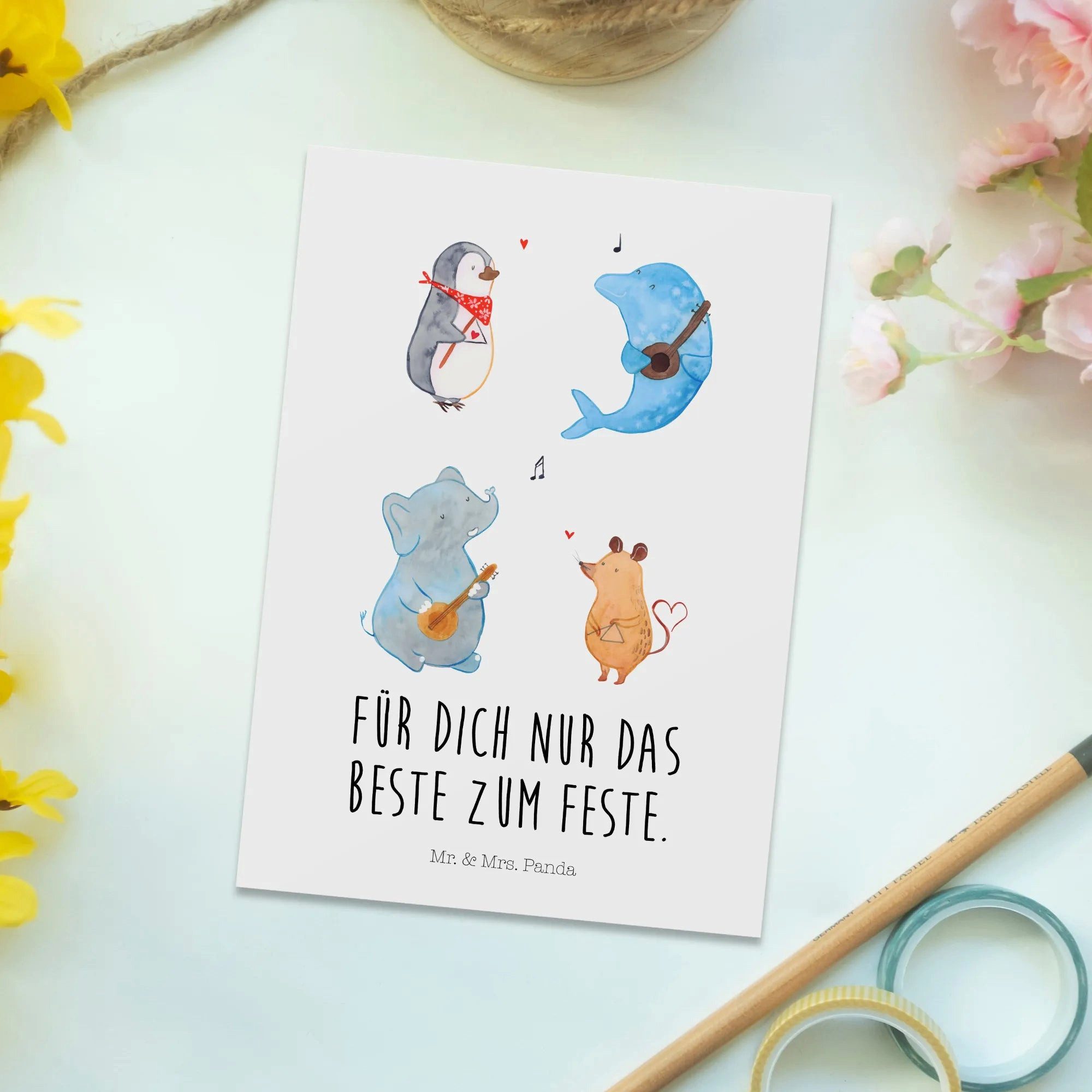 Thumbnail - Mr. & Mrs. Panda Postkarte Big Band - Weiß - Geschenk, Elefant, Triangel, Musikanten, Einladung, Witzige Sprüche