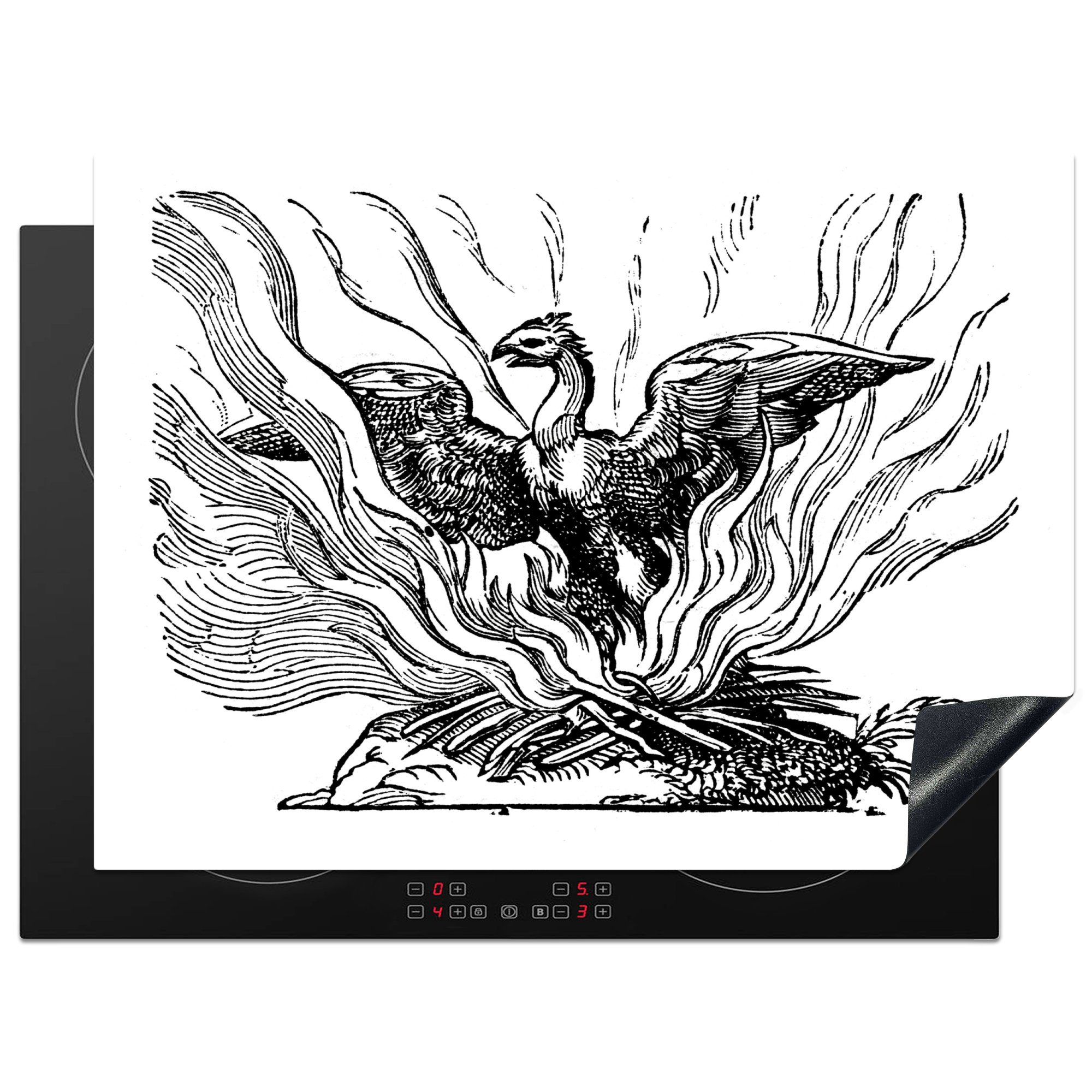 MuchoWow Herdblende-/Abdeckplatte Eine Illustration eines Phönix, der aus der Asche aufsteigt, Vinyl, (1 tlg), 70x52 cm, Mobile Arbeitsfläche nutzbar, Ceranfeldabdeckung