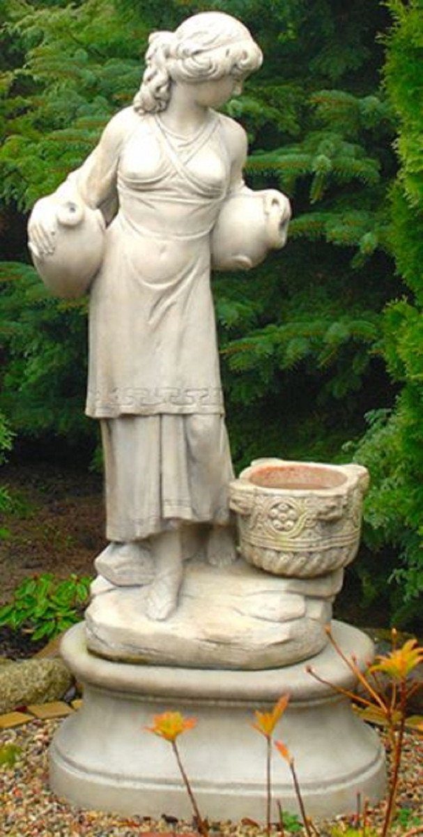 Casa Padrino Skulptur Jugendstil Wasserspeier Skulptur Frau mit Krügen und dekorativem Blumentopf Grau 63 x 61 x H. 140 cm - Gartendeko Statue Steinfigur