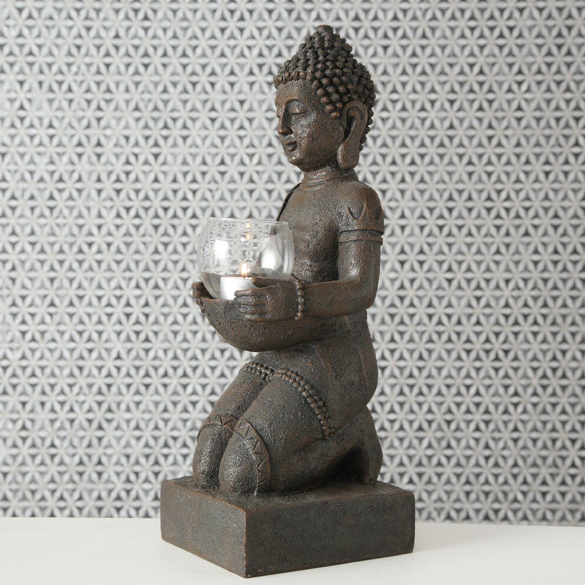 Statue cm aus BOLTZE Hähe Kunststoff, Figur mit Buddhafigur Windlicht 44 Buddha Boltze