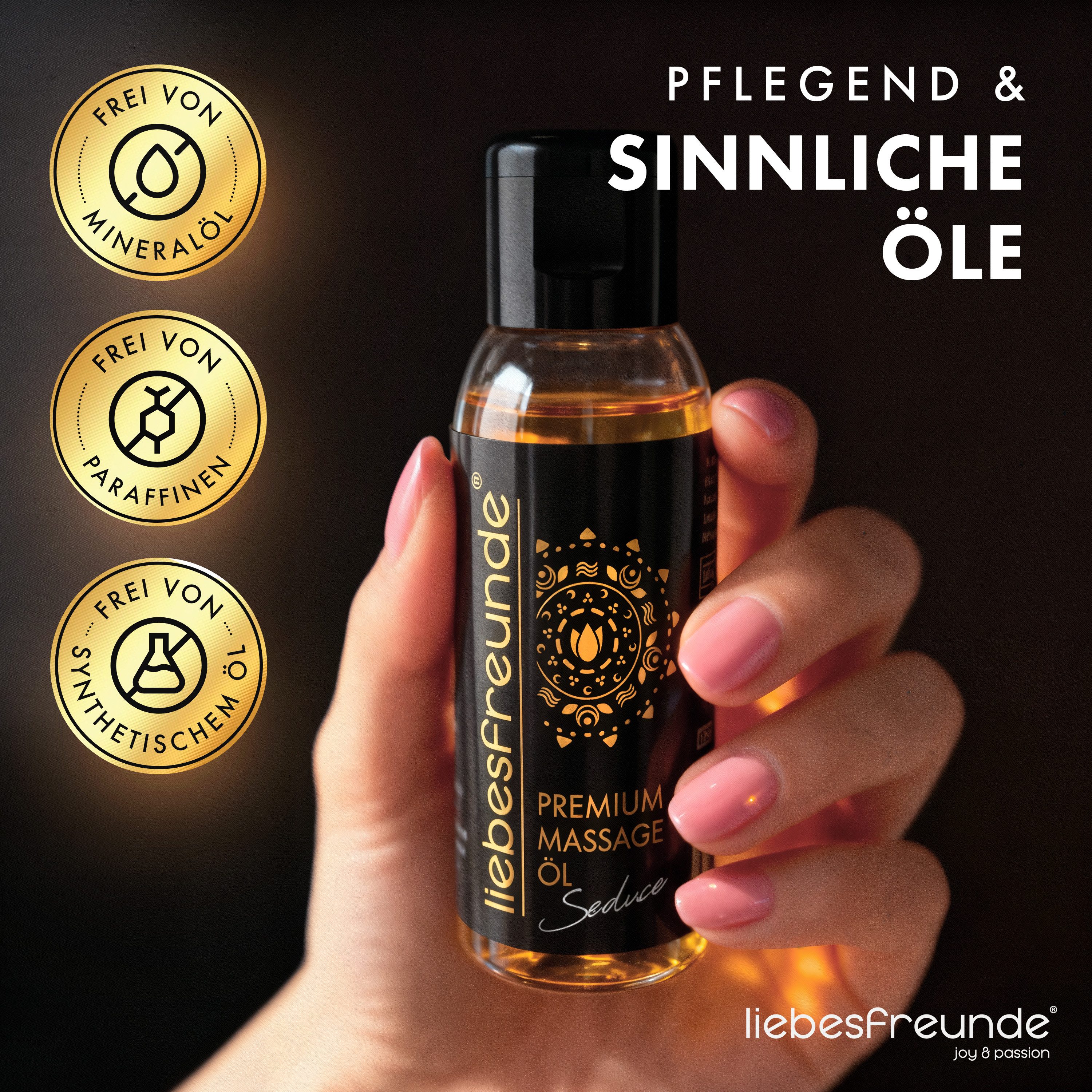 Liebesfreunde Massageöl Sinnliches Massageöl Geschenkset zur Entspannung, Massage Geschenk Set, mit Provitamin B5 (3 x 50 ml)