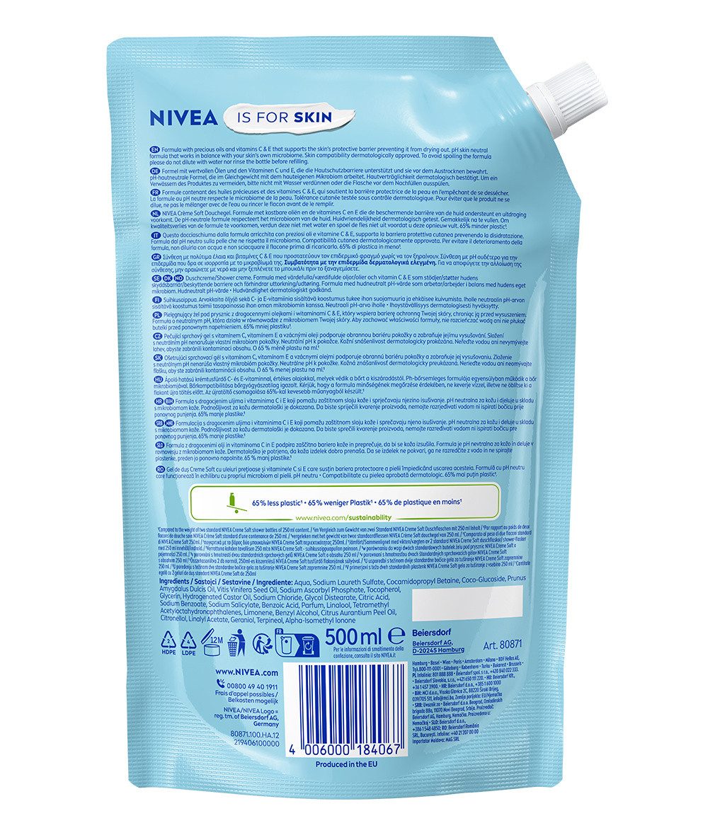 Nivea Duschgel NIVEA Dusche Nachfüllbeutel Creme Soft 4 x 500ml, 4-tlg.