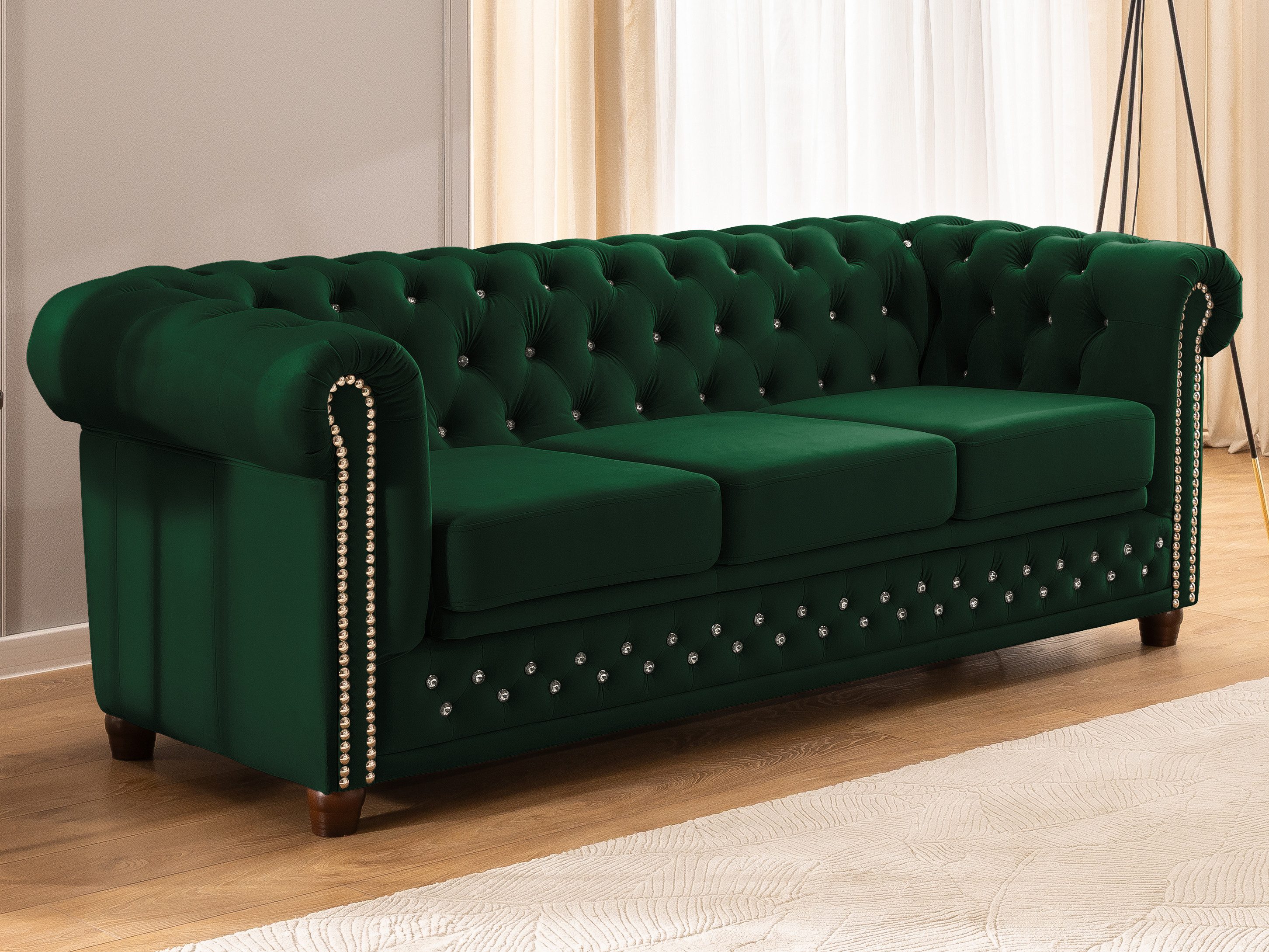 S-Style Möbel Chesterfield-Sofa 3-Sitzer mit Schlaffunktion Cleo Blink aus Samt mit Kristallsteppung, mit Wellenfederung