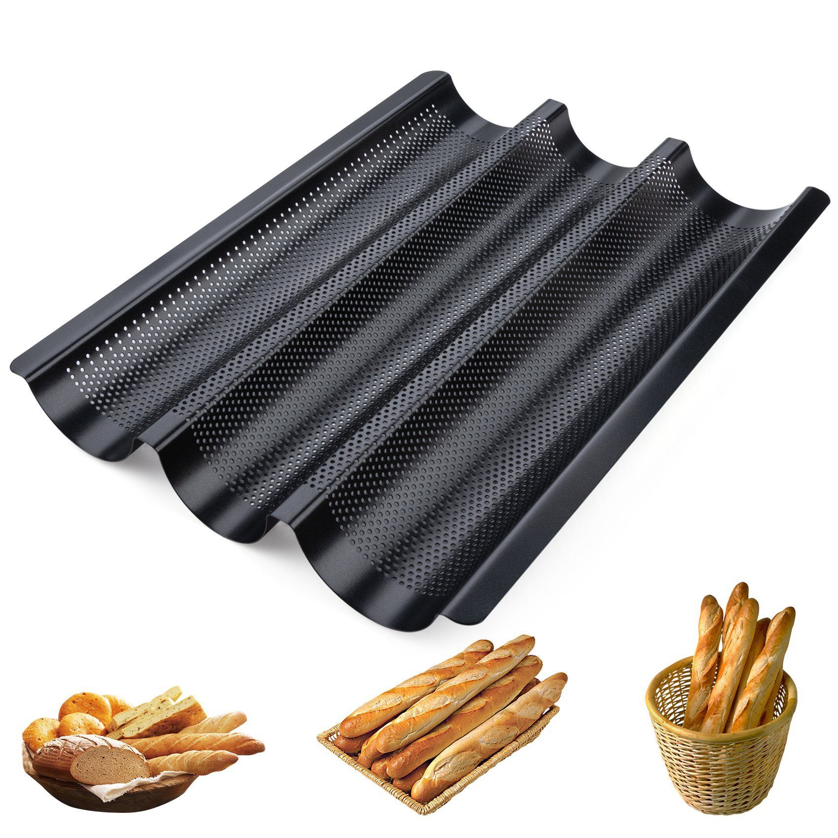 ElitVita Baguetteblech 37,8 x 32 x 3 cm Brot Backform, 3/4 Brotrillen Kohlenstoffstahl, (1-St., Bestehend aus Kohlenstoffstahl und Antihaftbeschichtung, 1-St), Korrosions- und Rostschutz, Langzeitanwendung