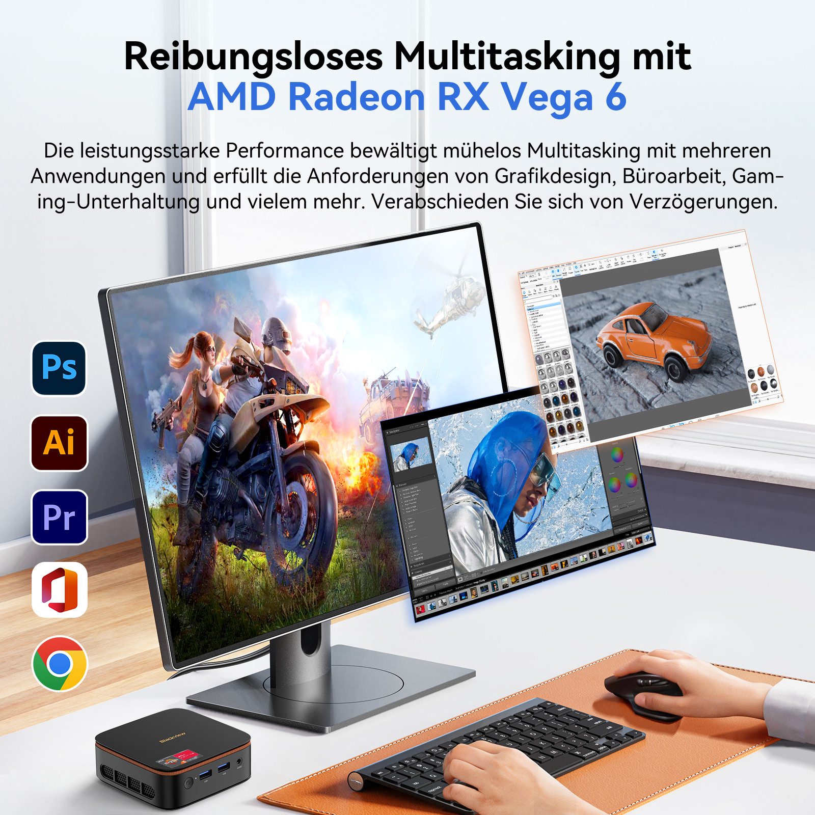 blackview 2026 AMD Ryzen 3 16GB + 512GB/Bluetooth-Lautsprecher Mini-PC (AMD AMD Ryzen 3, AMD Ryzen 3300U, 16 GB RAM, 512 GB SSD, Windows 11 Pro, bis zu 3,5 GHz, 4K UHD, HDMI Gigabit Ethernet)