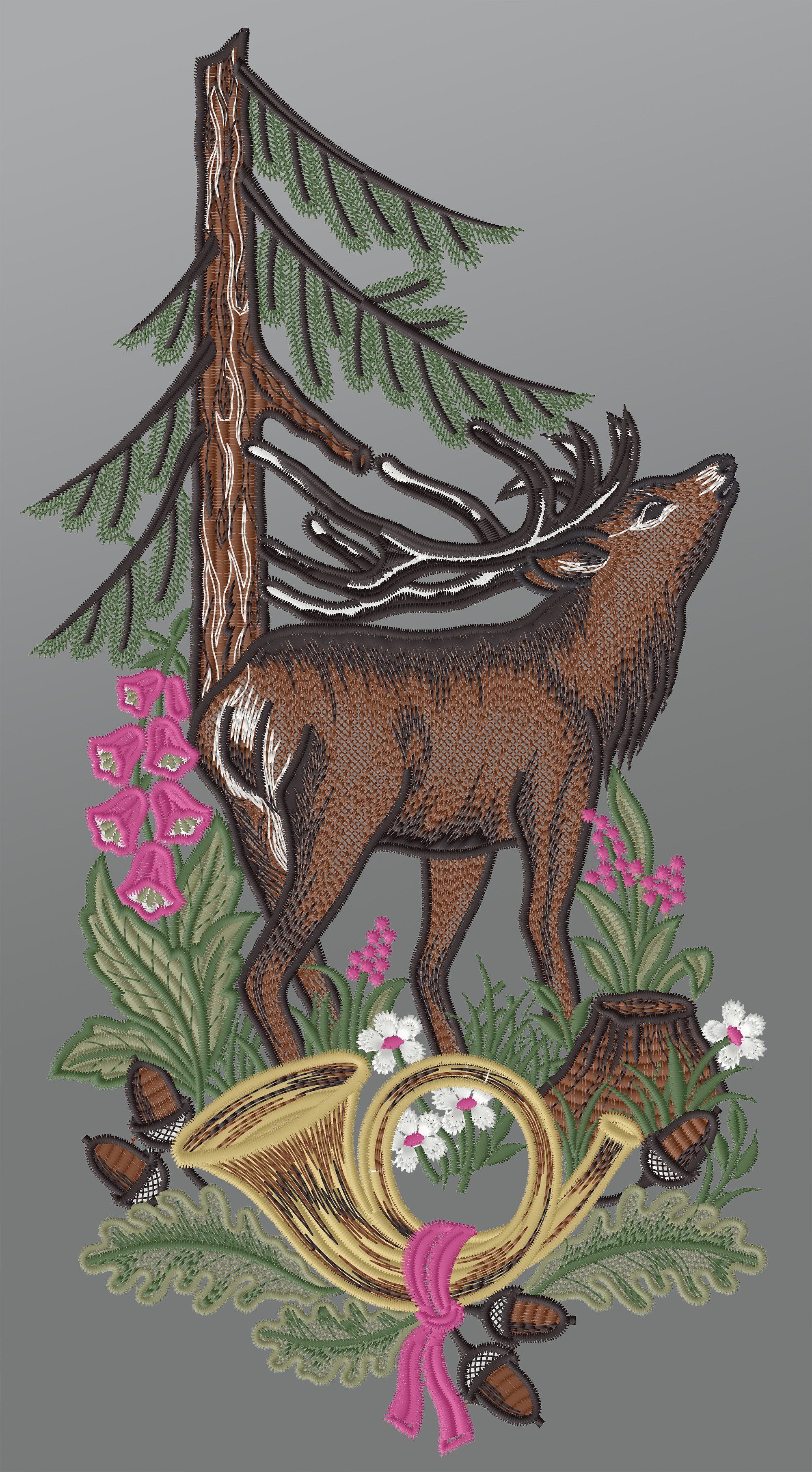 Plauener Spitze® Fensterbild Hirsch mit Jagdhorn, HxB 38x19cm