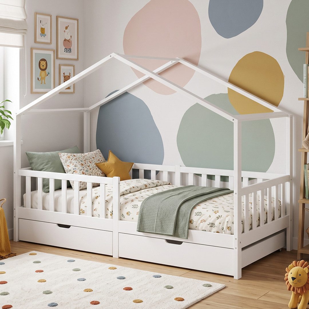 Bellabino Kinderbett Bia mit Rausfallschutz & Lattenrost (weiß, mit zwei Schubladen), Kinderbett aus Kiefernholz, verfügbar in 80x160/90/120/140x200 cm