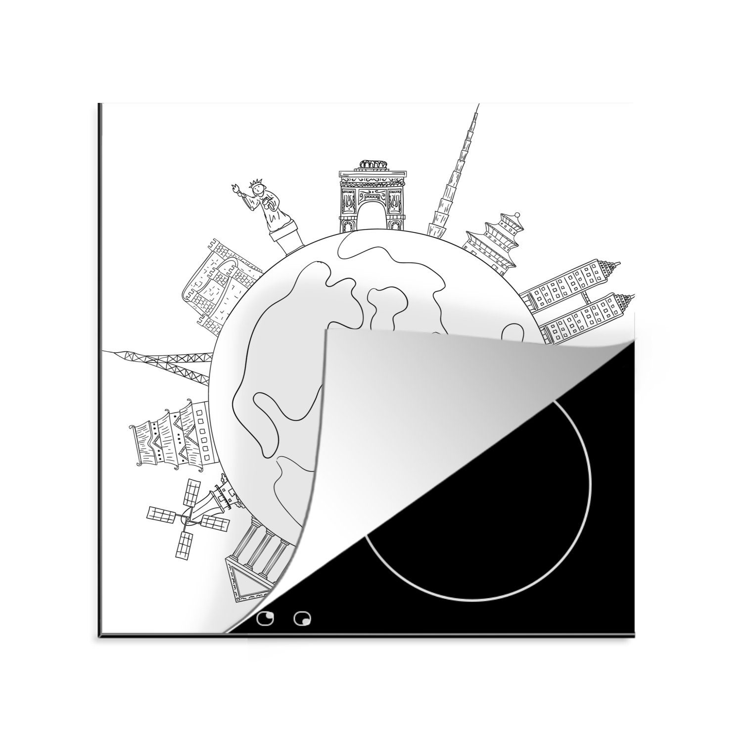 MuchoWow Herdblende-/Abdeckplatte Schwarz-Weiß-Illustration von Wahrzeichen auf einem Globus, Vinyl, (1 tlg), 78x78 cm, Ceranfeldabdeckung, Arbeitsplatte für küche