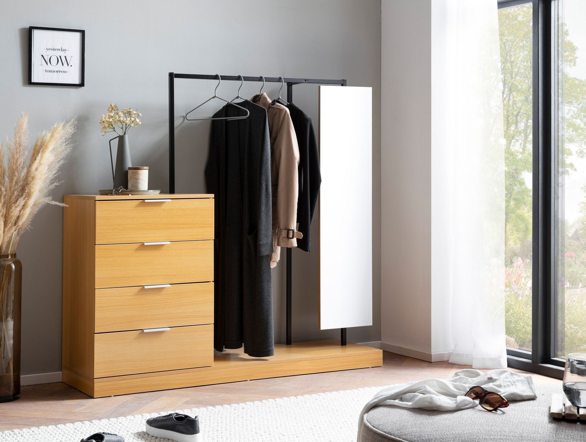 FINEBUY Garderobe Kleiderschrank Eiche 145 cm Schubläden Spiegel Kleidersta günstig online kaufen
