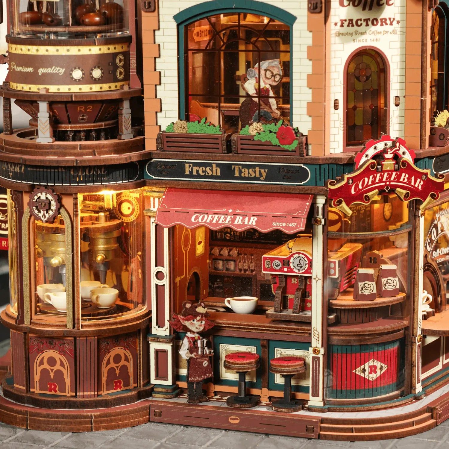 Robotime Modellbausatz Robotime Dream Coffee Factory 3D-Holzbausatz mit Licht Mechanischer, (593-tlg)