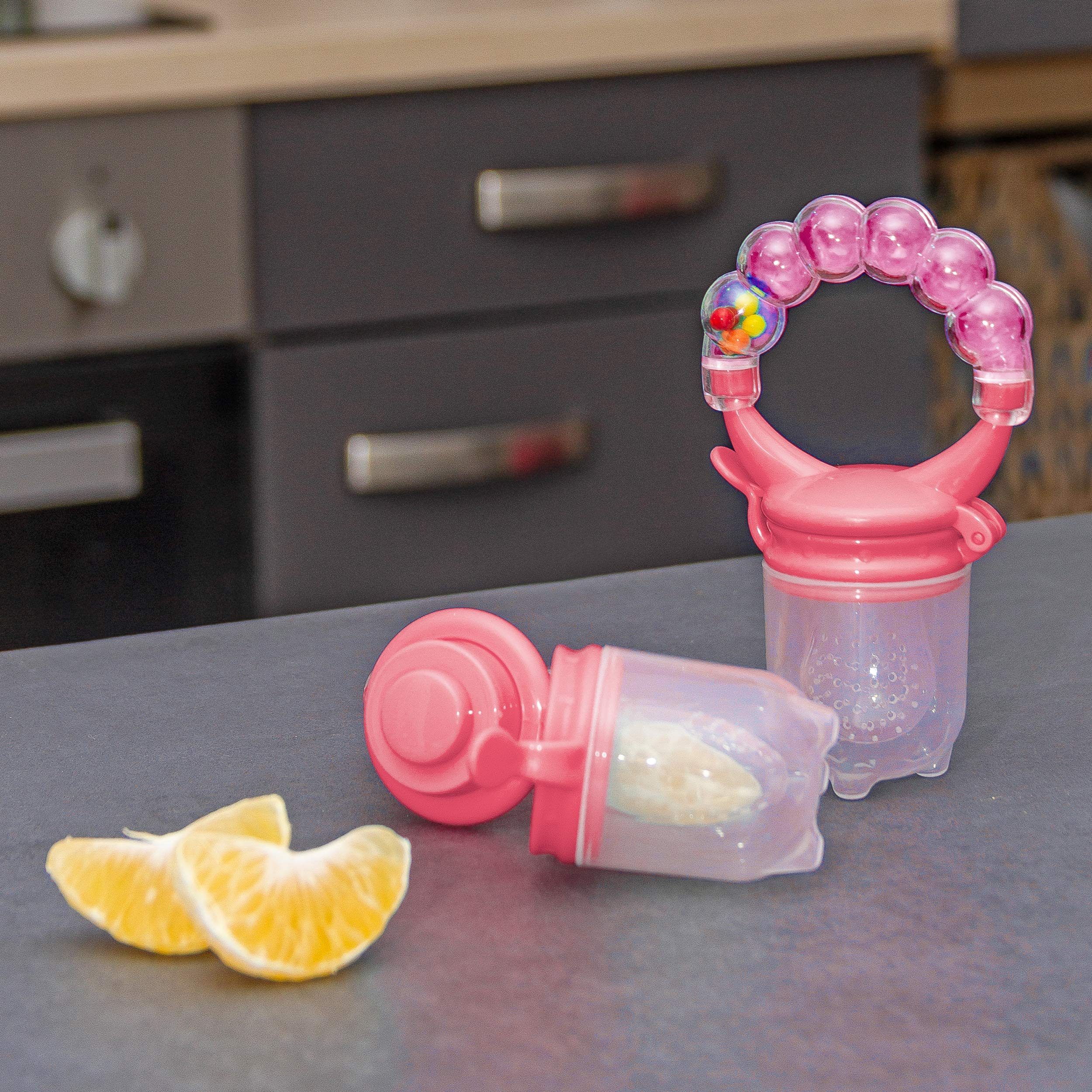 BabyHerz Schnuller Baby Fruchtsauger Schnuller für Obst und Gemüse - 2x Rasselschnuller, Zwei Fruchtsauger + Ersatz – spielerisch, sicher & BPA-frei genießen