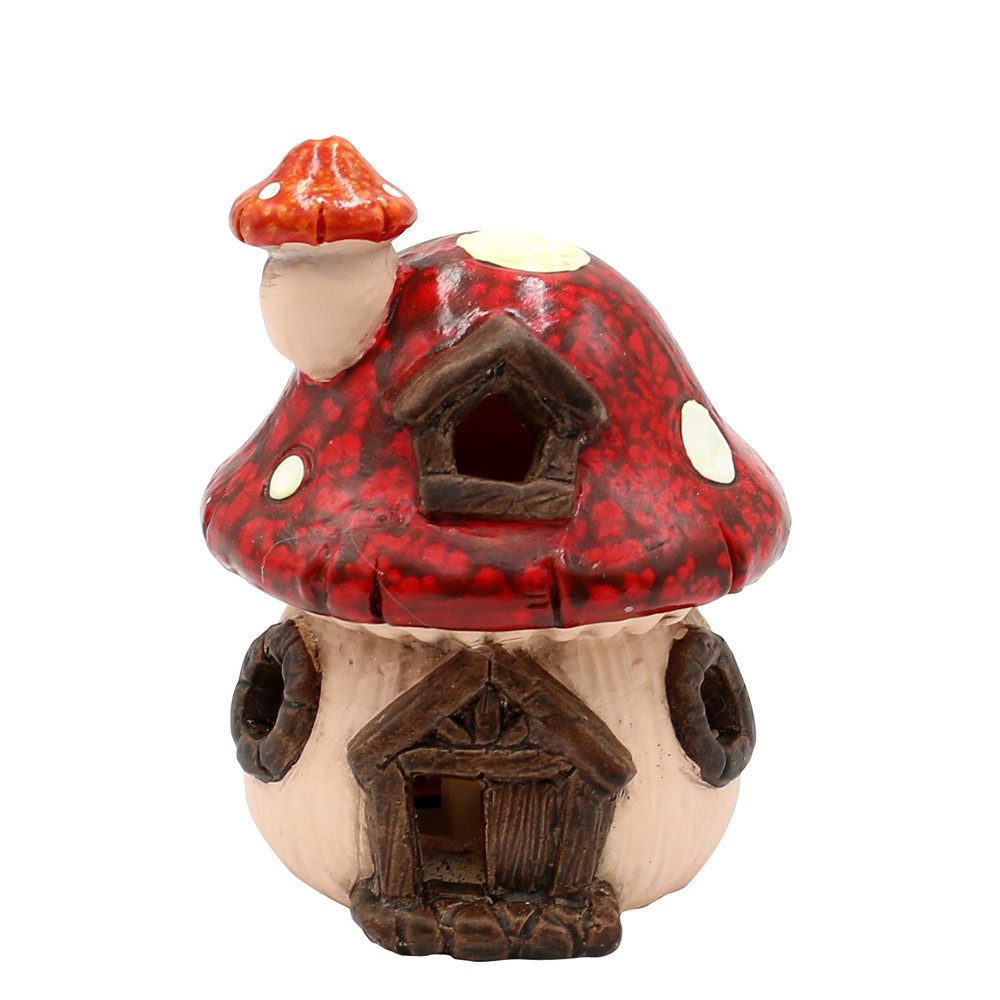 Gartenfigur Keramik Pilzhaus - Feenhaus in dunkelrot mit LED, L/B/H 9 x 8 x 11 cm.