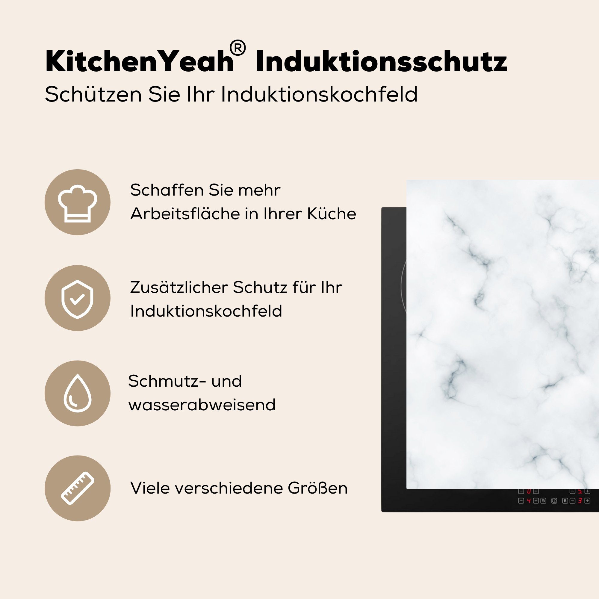küche, Herdblende-/Abdeckplatte 81x52 - tlg), Chic die Marmor Induktionskochfeld Vinyl, - Ceranfeldabdeckung cm, - Schutz Weiß (1 MuchoWow für Schwarz,