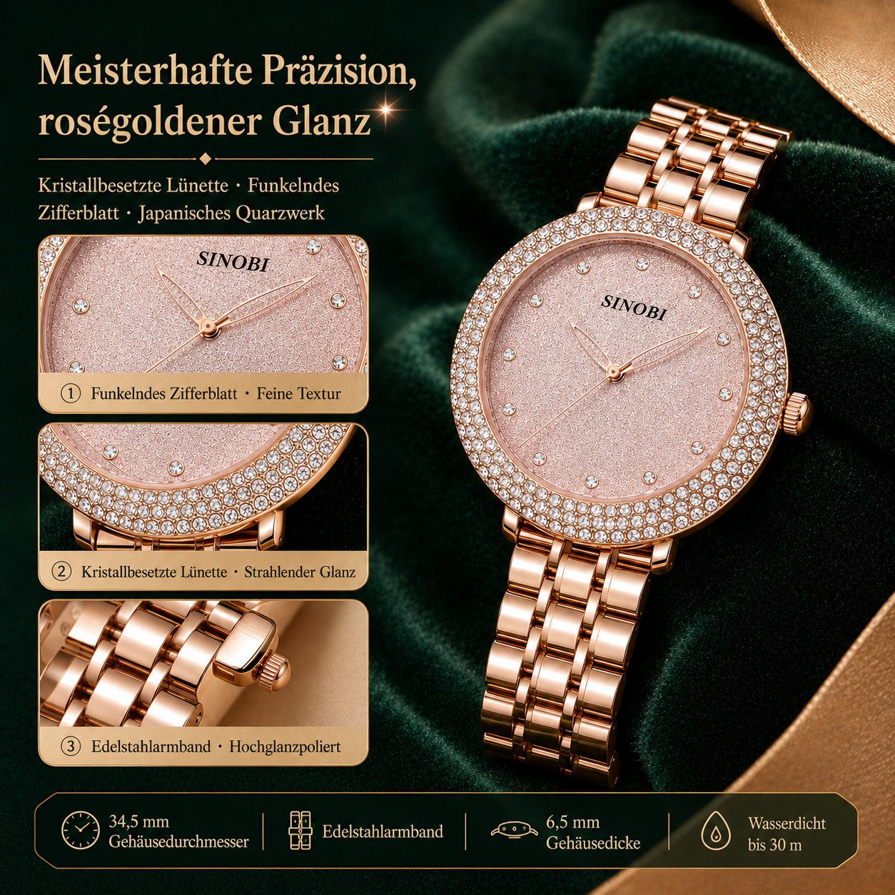 Fyrove Quarzuhr Geschenk für Frauen Roségold Armbanduhr mit, (Zirkonia, Halskette & Ohrringe in edler Geschenkbox, 3-tlg., QuarzArmbanduhr für Alltag & Festanlässe), Weihnachtsgeschenk,Valentinstagsgeschenk