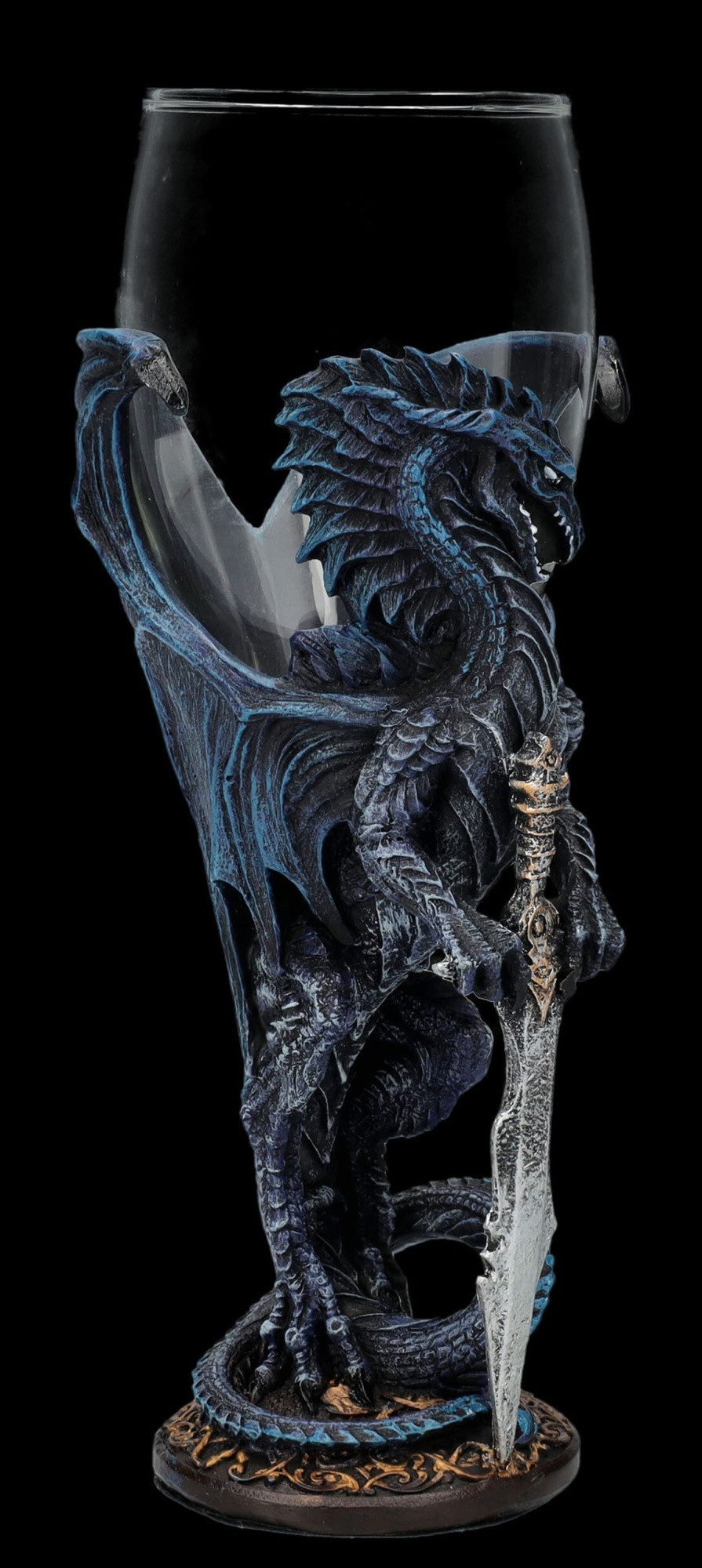 Figuren Shop GmbH Becher Glas Kelch Drache - Night Blade - Weinkelch / Weinglas Fantasy Drache, Kunststein (Polyresin), Glas