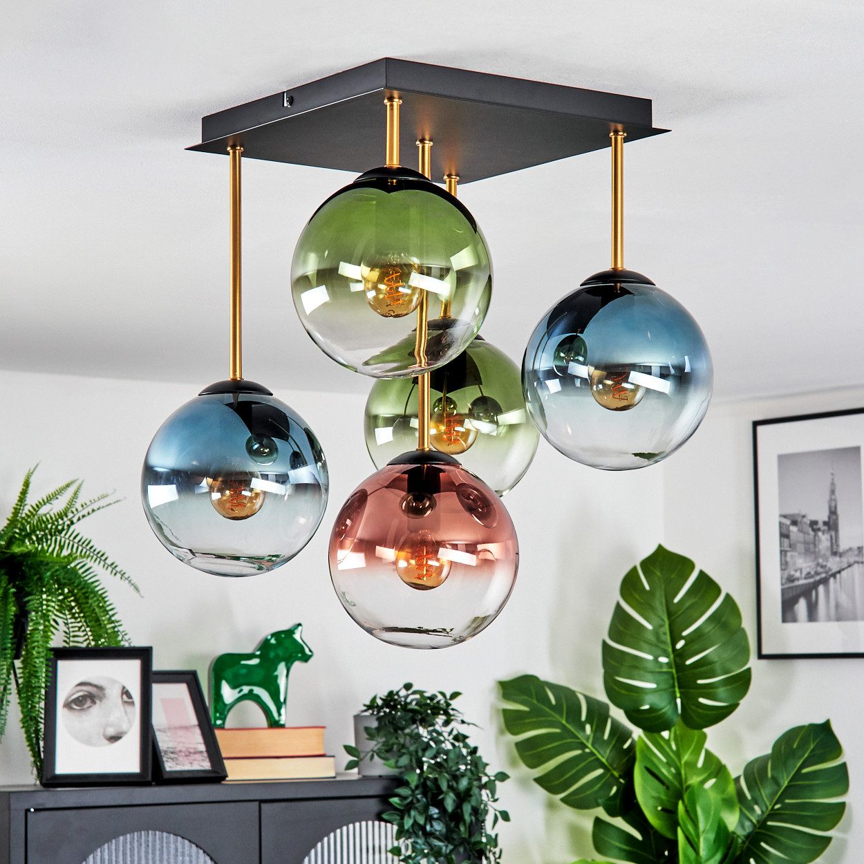hofstein Deckenleuchte Deckenlampe aus Metall/Glas in Schwarz/Gold/Blau/Grün/Kupfer/Klar, ohne Leuchtmittel, Deckenleuchte im Retro/Vintage-Design (Schirme Ø 15 cm), 5 x E14
