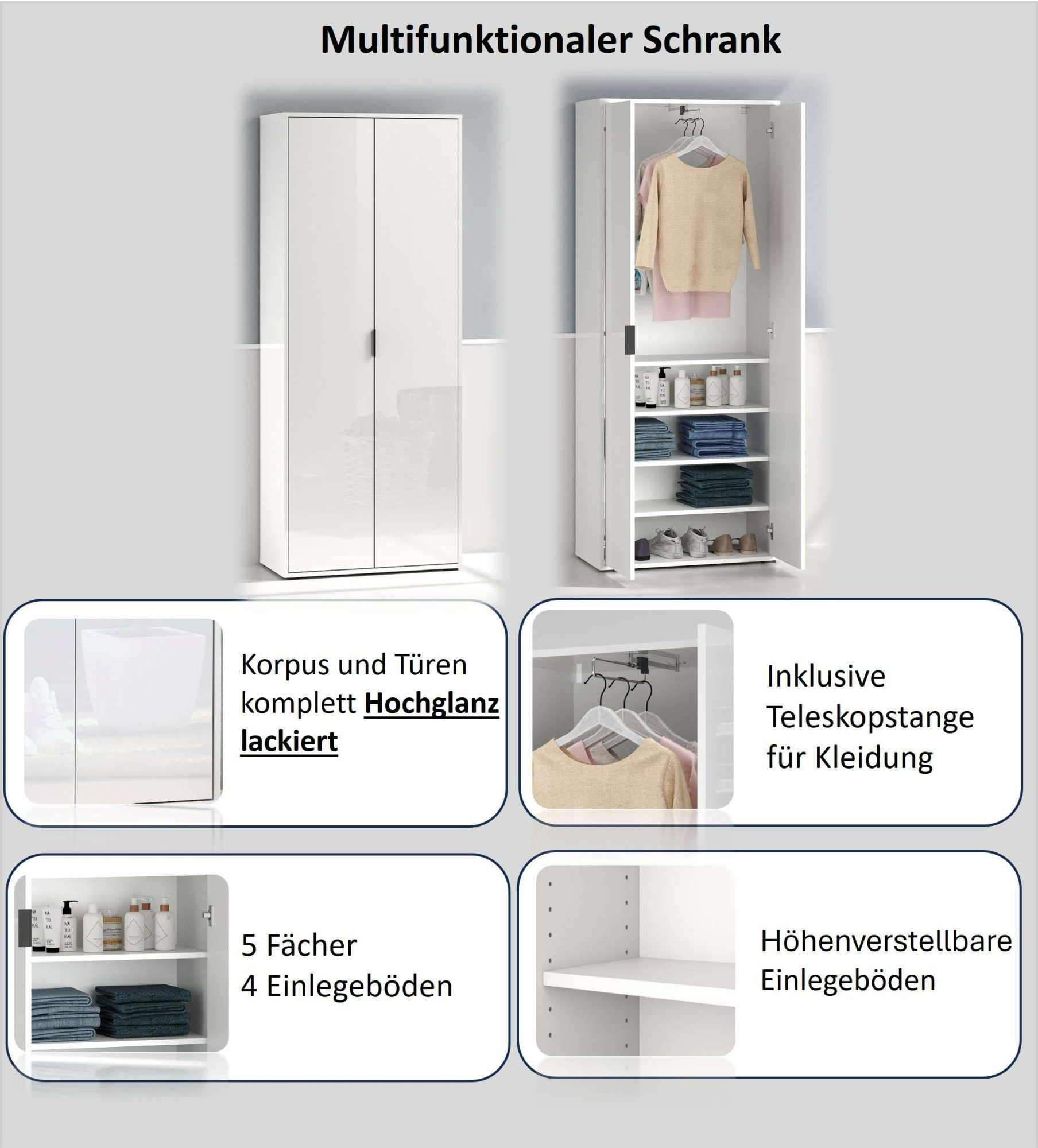 Home affaire Mehrzweckschrank JOLLY, Stauraumschrank, Breite 72,5 cm, Höhe 178 cm (1-St) 2 Türen, 4 Einlegeböden,1 Auszugsstange - Schrank hochglanz lackiert