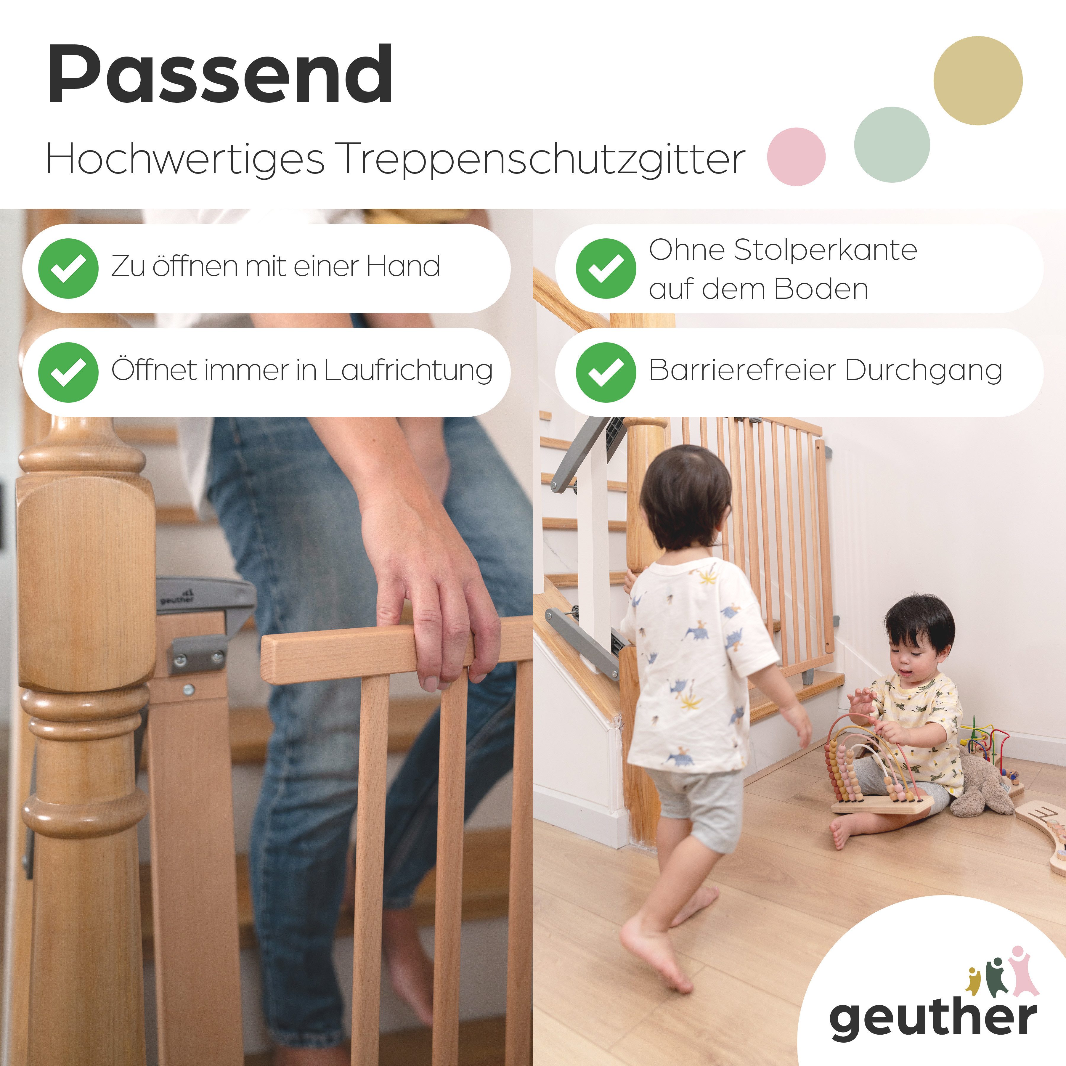 Geuther Treppenschutzgitter Oris zum Bohren 67-135 cm Natur, Barrierefreier Durchgang - für Erwachsene leicht zu öffnen
