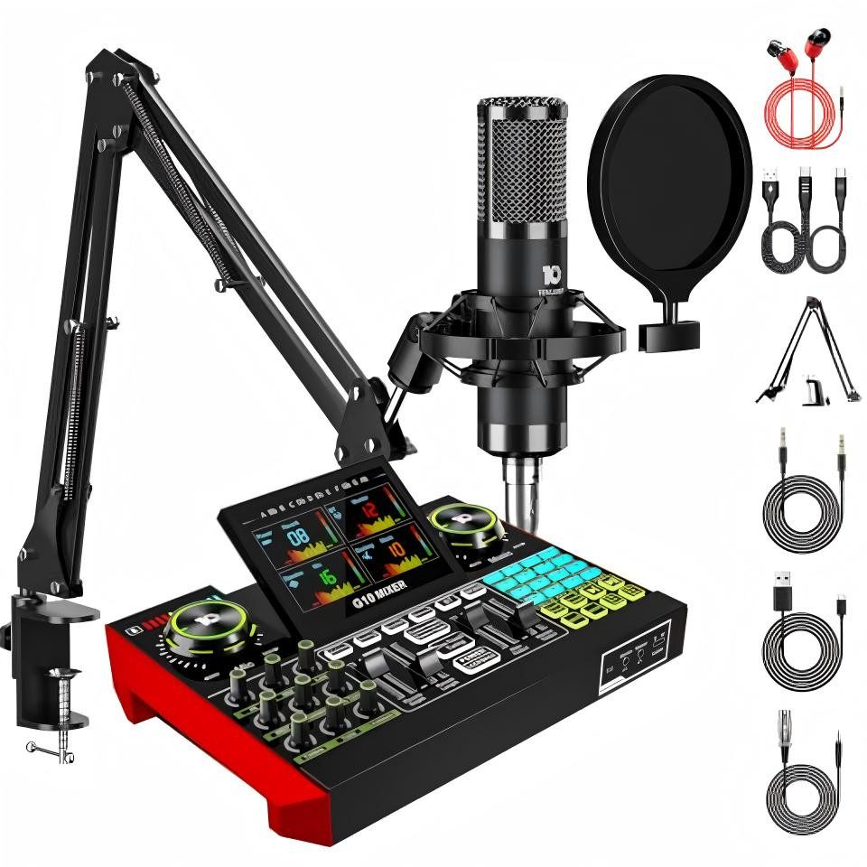 Tenlamp G10 Zehn Lampen Podcast- & Streaming-Set mit Mixer Soundkarte, USB-Plug-and-Play, Display, Stimmwechsel, Aufnahme, Hall