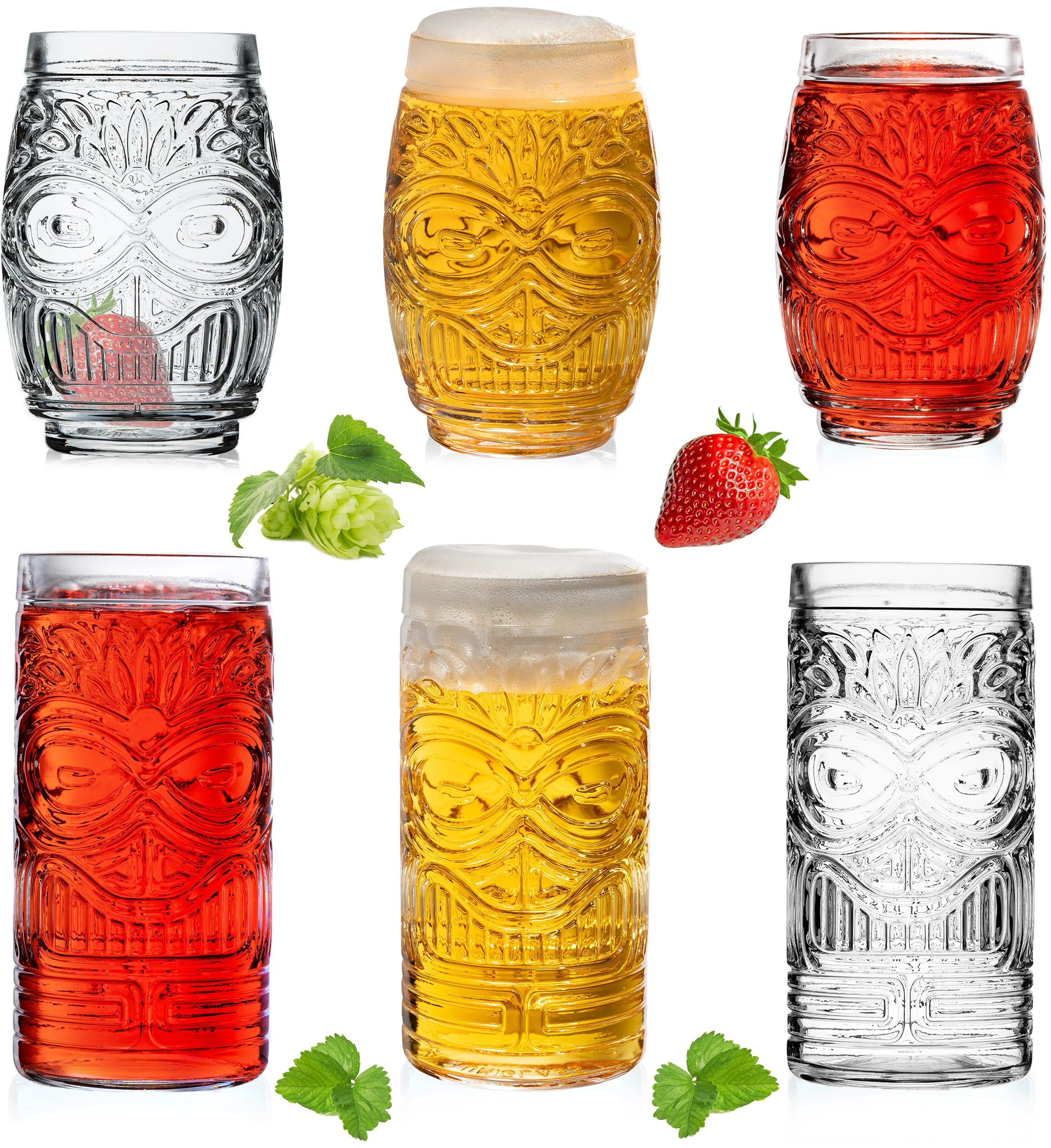 PLATINUX Glas »Tiki Gläser«, Glas, Set 6-Teilig 500ml Cocktailgläser  Biergläser Longdrinkgläser Hawaiianisch 2 Gesichter