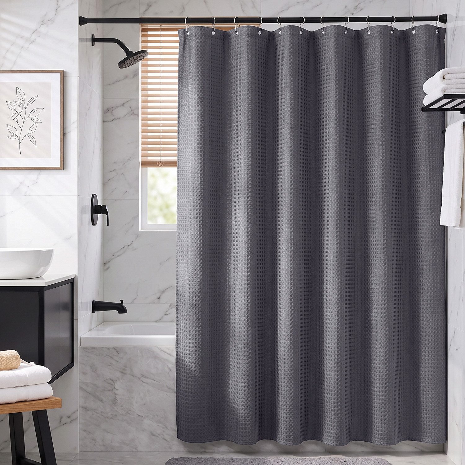 Sekey Duschvorhang Textil Duschvorhang Wannenvorhang Waschbar wasserabweisend mit Ringe Breite 180 cm (Packung, inkl. 12 Ringe), Badewannenvorh, 100% Polyester, Waffelstoff 180x200cm Graphitgrau