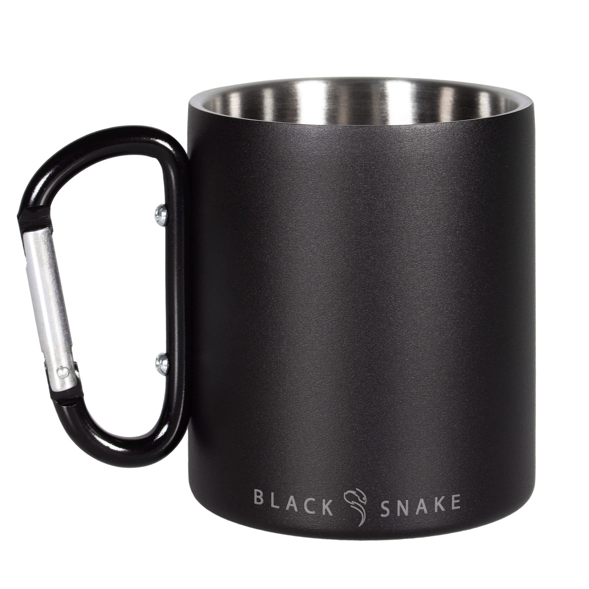 Black Snake Thermotasse Campingbecher doppelwandig mit Karabinergriff für Outdoor und Wandern, 1-tlg., Edelstahl, Außen schwarz pulverbeschichtet innen gebürstet und geschmacksneutral