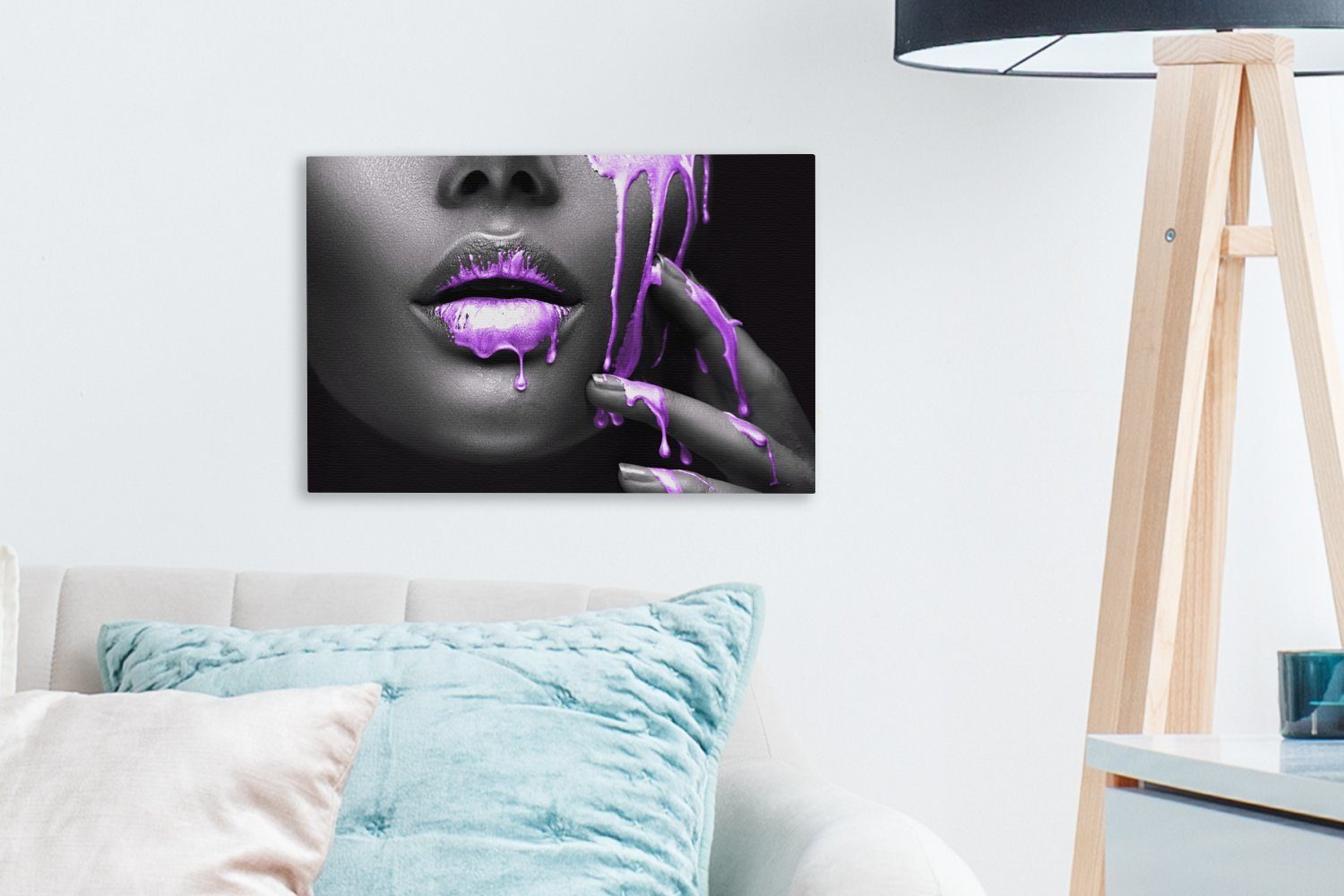 OneMillionCanvasses® Leinwandbild Lippen - Lila - Schwarz, Fotodruck (1 St), Leinwand Bilder Klein, Wand Dekoration Aesthetic 30x20 cm
