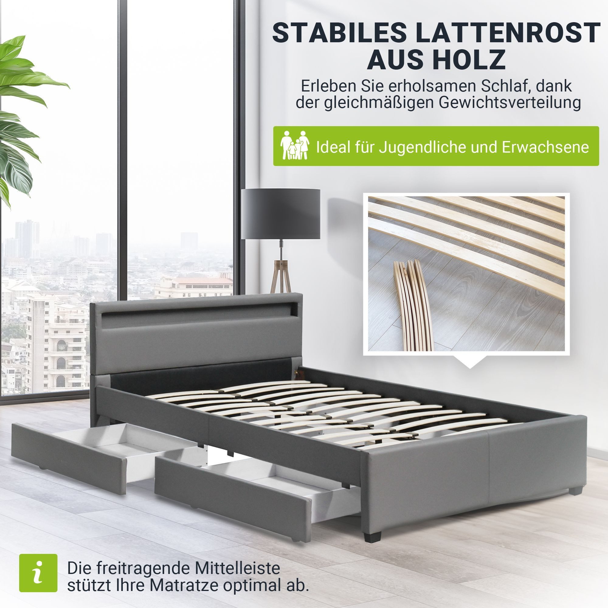 Juskys Polsterbett Lyon mit Matratze, 140x200 cm, ausziehbare Bettkästen, LED-Licht, inkl. Matratze